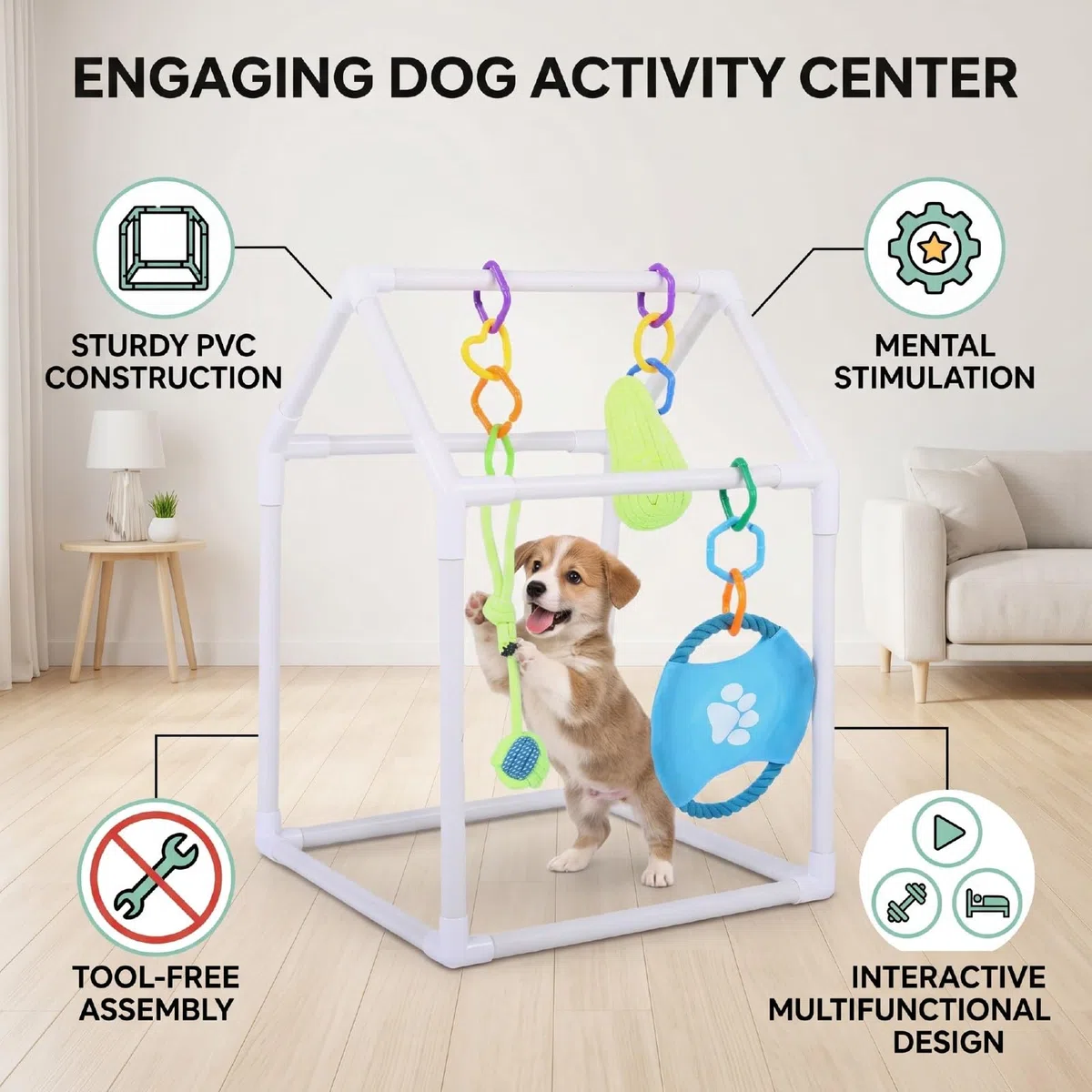 Gimnasio para Perros con Juguetes Colgantes 35x35x35x20 Cm, Marco Extraíble con Juguetes Interactivos para Perros Pequeños, Gatitos para Jugar en Interiores