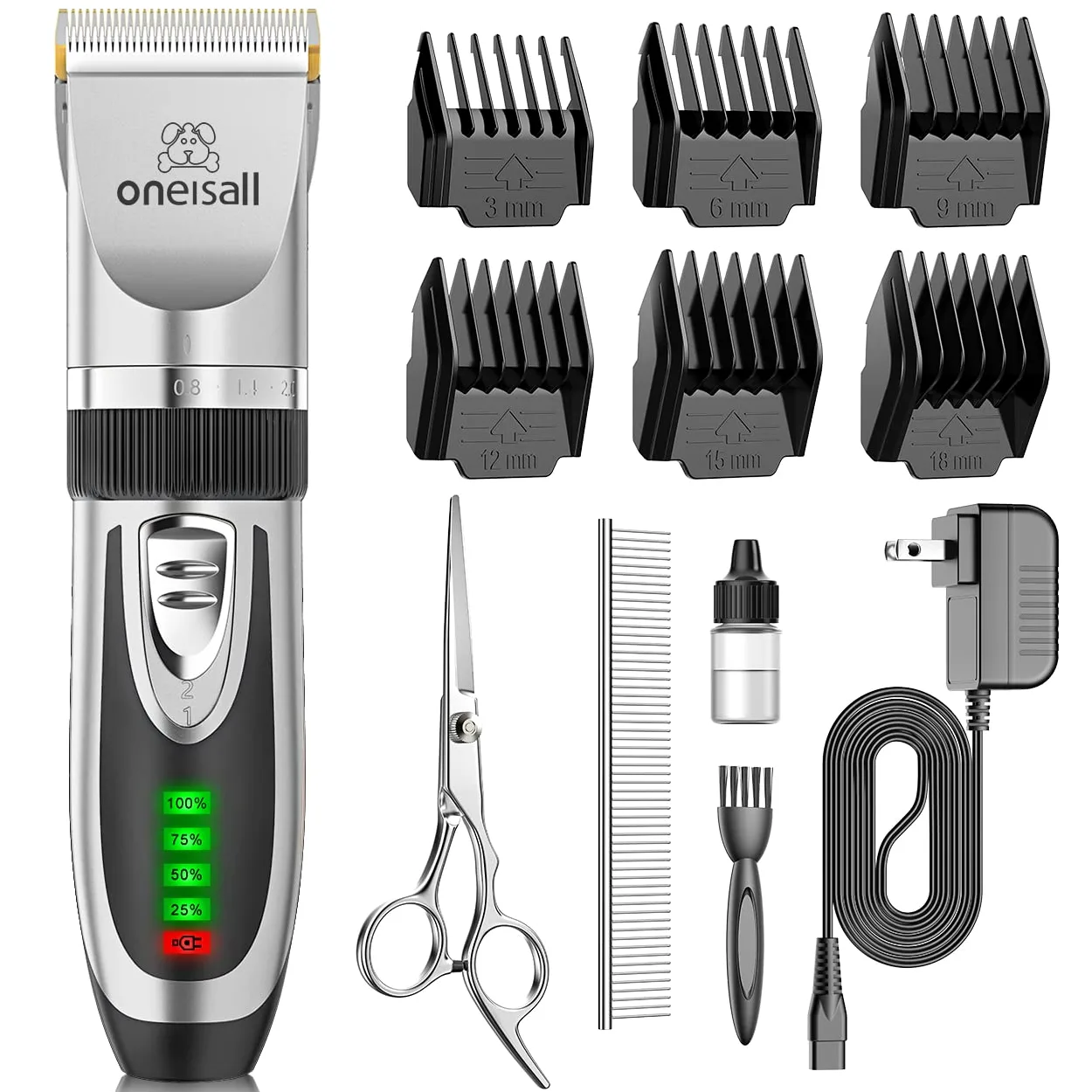 oneisall Cortapelos para perros de bajo ruido, 2 velocidades, kit de aseo silencioso recargable inalámbrico para mascotas cortapelos para perros pequeños y grandes, gatos y animales (plata)