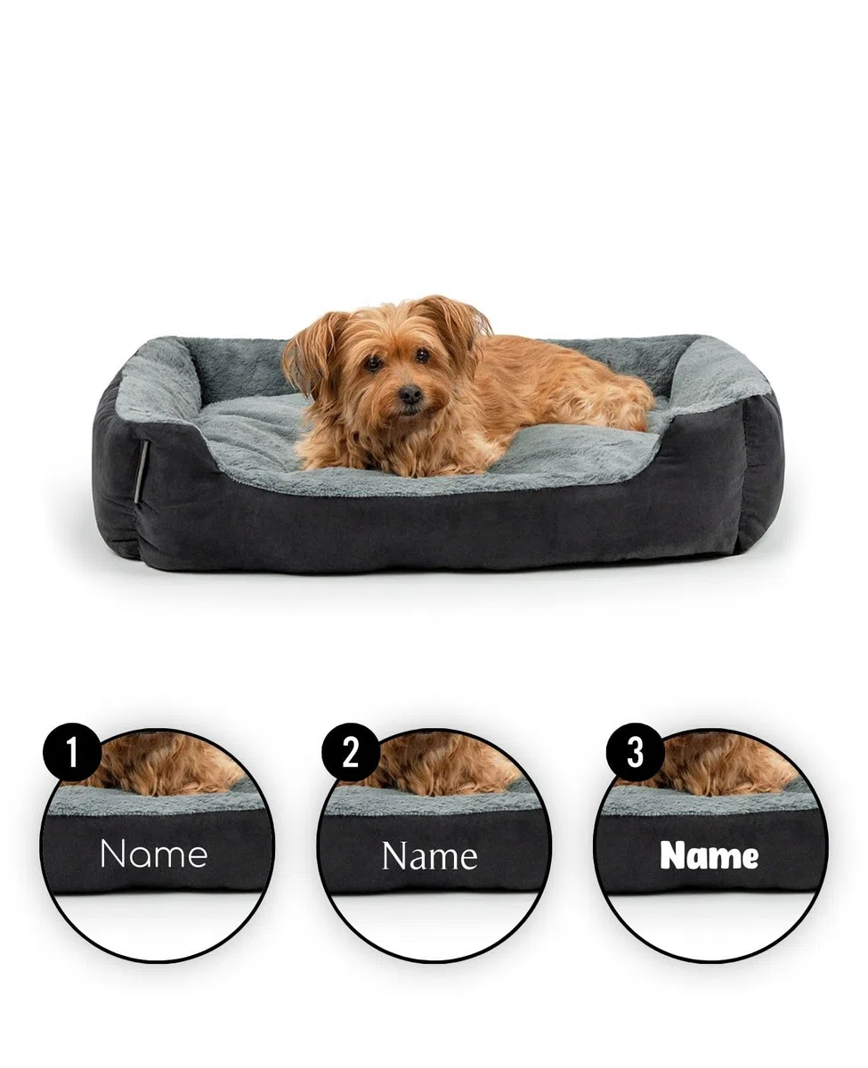 lionto Cama para Perros con cojín Reversible y Base Antideslizante, cojín para Mascotas con Entrada Baja para Perros y Gatos, 75x60 cm, cojín para Perros Acogedor, Negro/Gris (con Nombre Impreso)