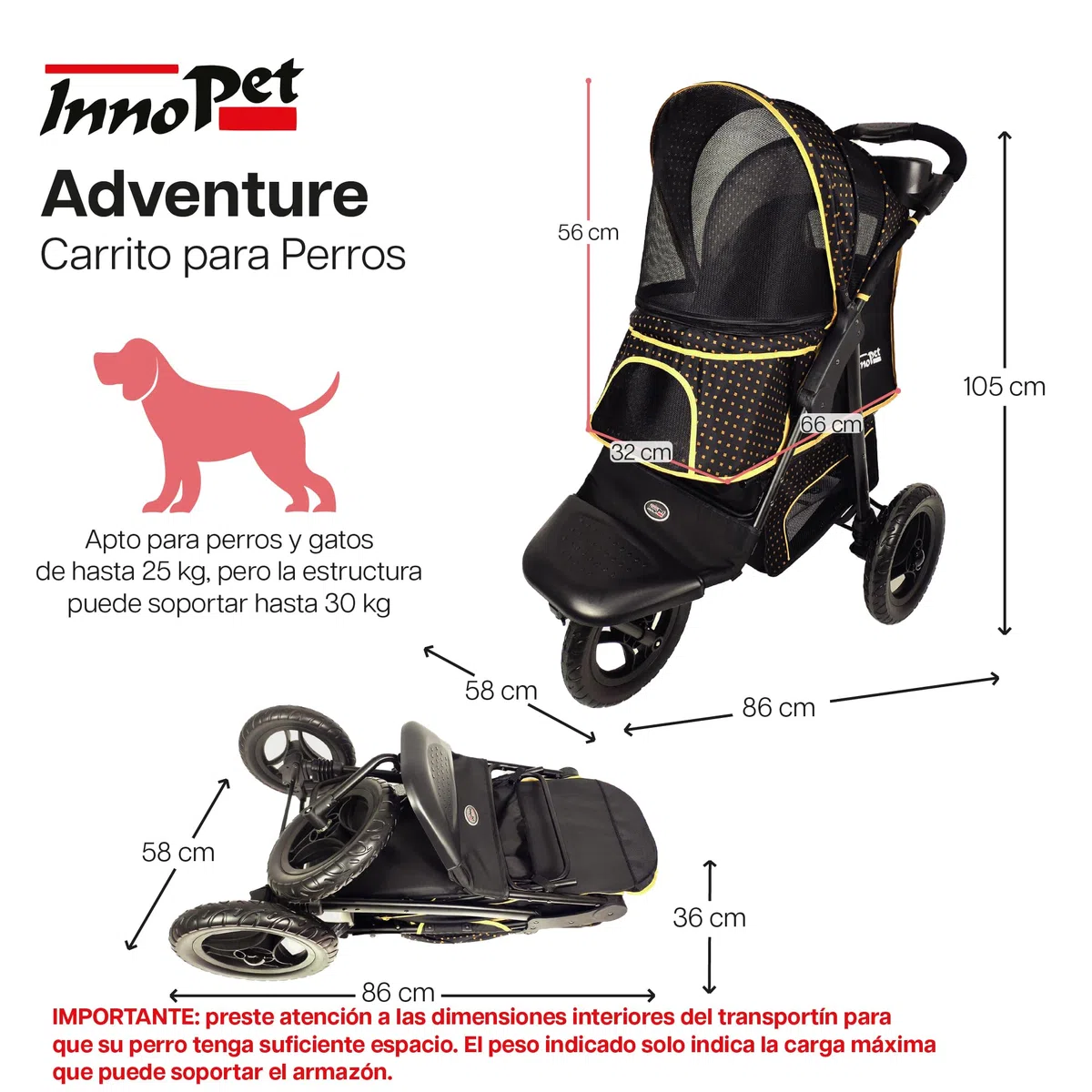 Innopet Adventure negro/amarillo - Cochecito todoterreno para perros hasta 30kg, ruedas EVA antipinchazos de 12”, plegado rápido, portavasos y cesta amplia