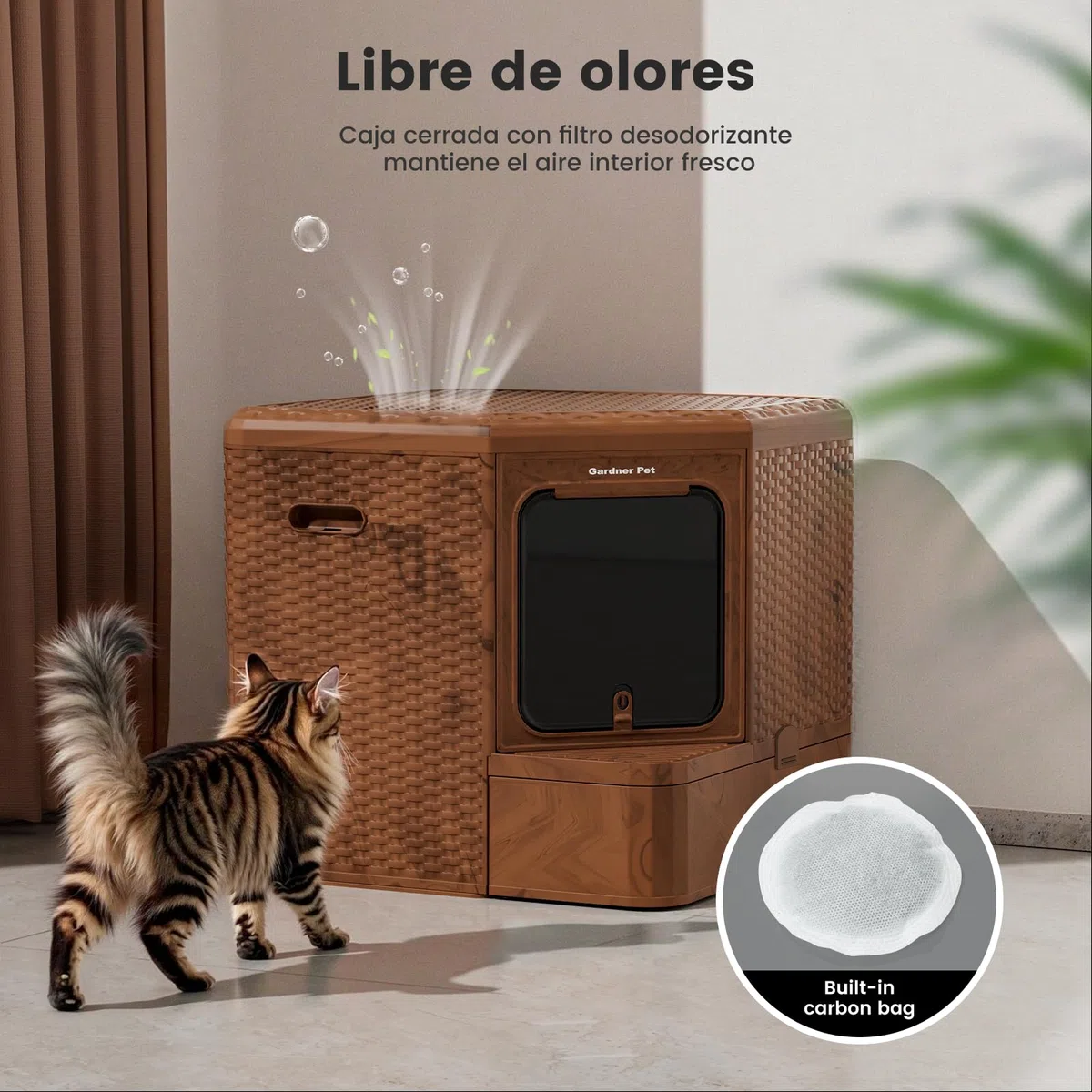 Gardner Pet Arenero Gato Cerrado, Color Madera Oscura | Fondo Extraíble, Diseño Estilizado, Material PP Reciclable, Filtración Anti-Olores,Dimensiones 50x50x50 cm