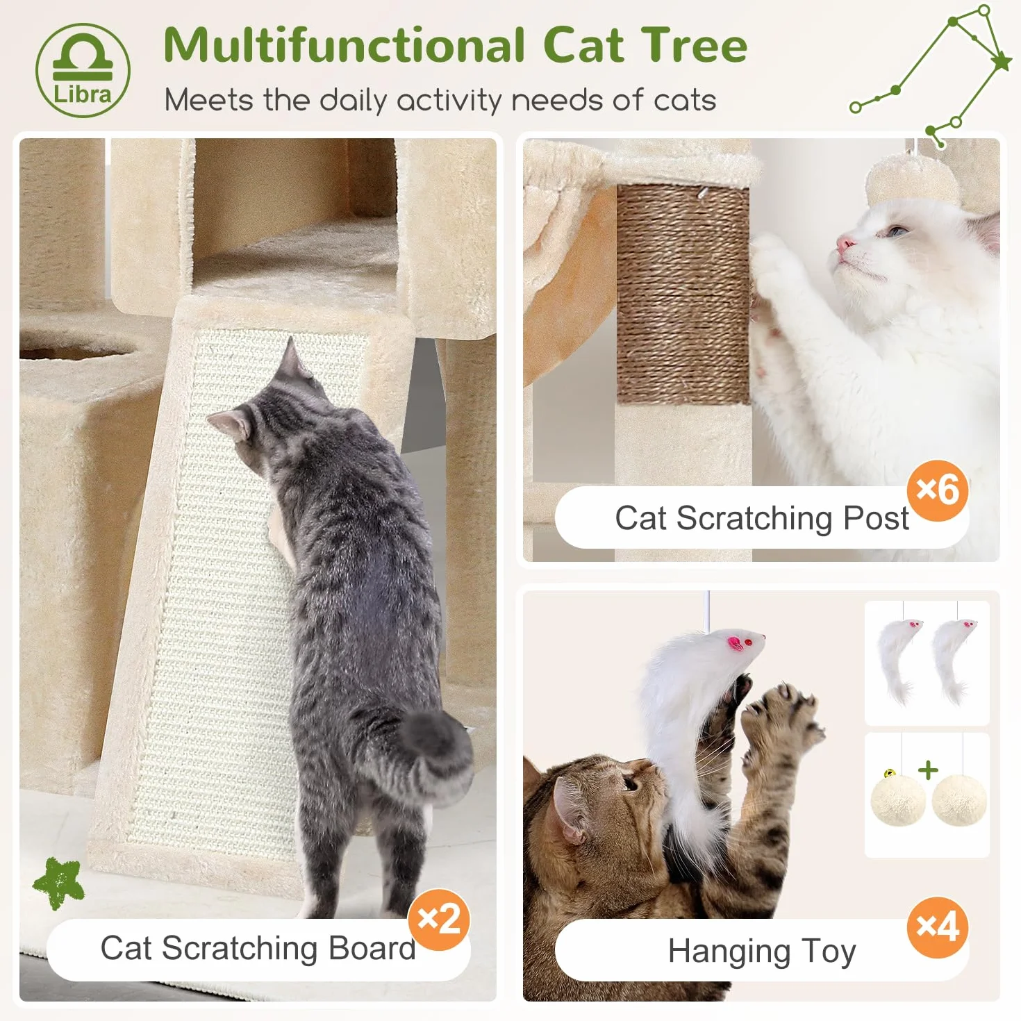 Globlazer Árbol Rascador Beige XXL Alto 200 cm con 2 Grandes Nidos, 2 Grande Plataformas, 2 Tabla Rascar Sisal, 2 Cesta, Estable Árbol Torre para Grande Gato 3-5 Adulto Gatos Más de 7 kg (Z78, Beige)