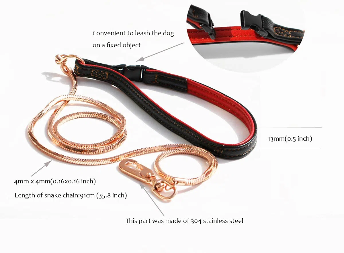 Correa para perro a prueba de masticación, cadena de serpiente de bronce rojo con mango de cuero para perros (oro rosa, 4 pies)