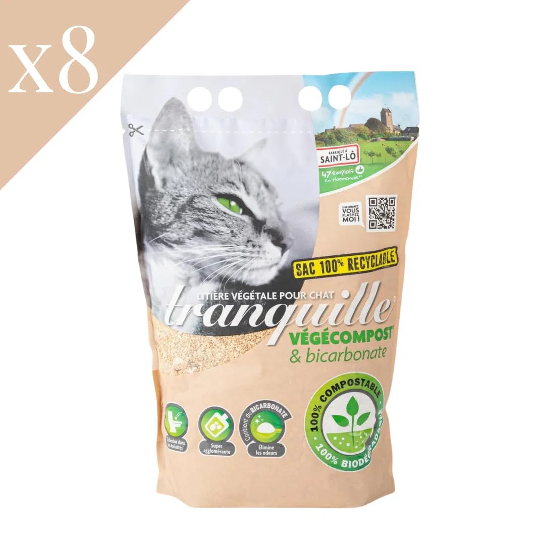 TRANQUILLE Vegecompost – Cama Vegetal para Gatos aglomerantes de 4 litros – Lote de 8