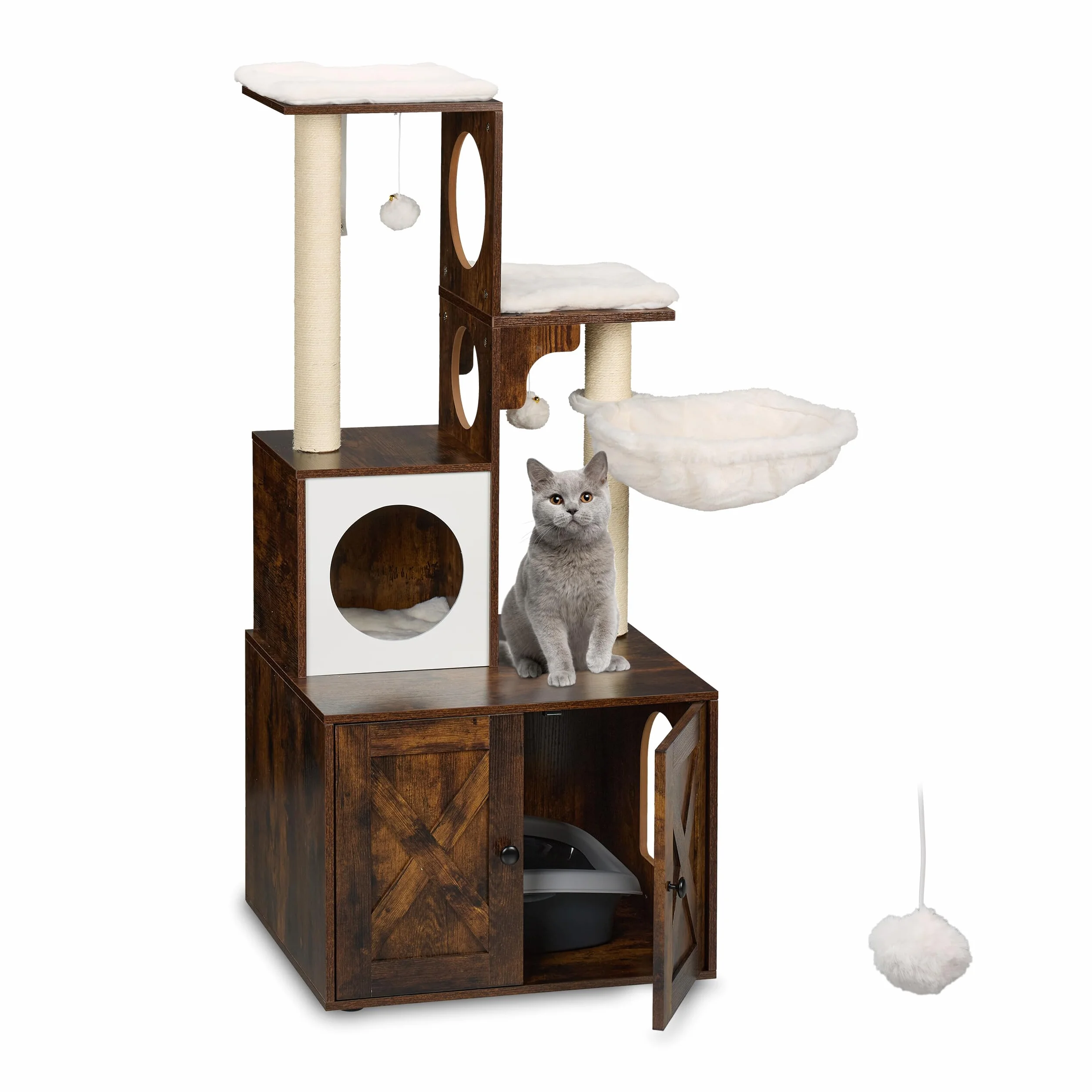 Relaxdays Mueble para Gatos con Rascador y Armario para Arenero, 128x95x52 cm, Torre con Poste de Sisal, Marrón y Blanco