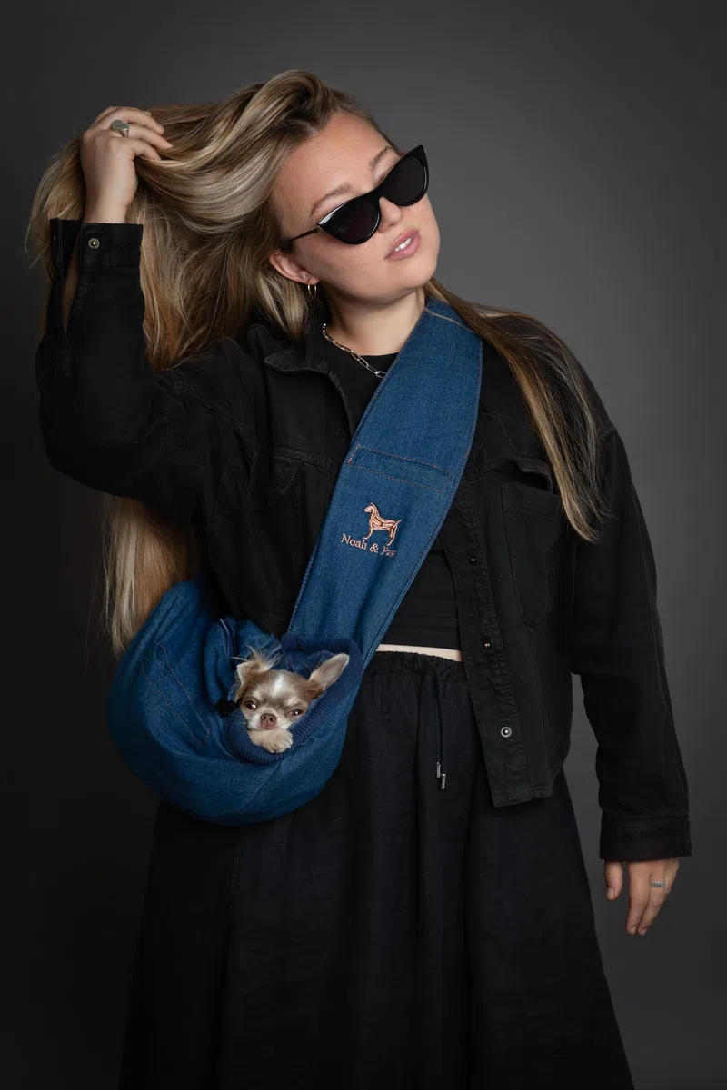 Noah & Paw Bandolera transportin Perro 1,5-5 kg, transportin Gato pequeño, Bolsa Transporte Ajustable para Mascotas, 3X función de Seguridad, Fabricado en Denim Premium.