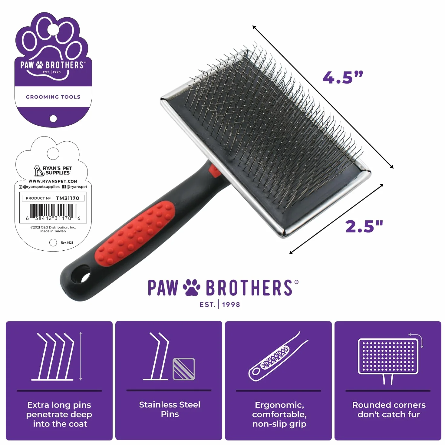 Paw Brothers - Cepillo plano extra largo para perros, grado profesional, elimina el pelo suelto y los enredos, más que los enredos, elimina la capa inferior, cepillo de aseo para perros, mango