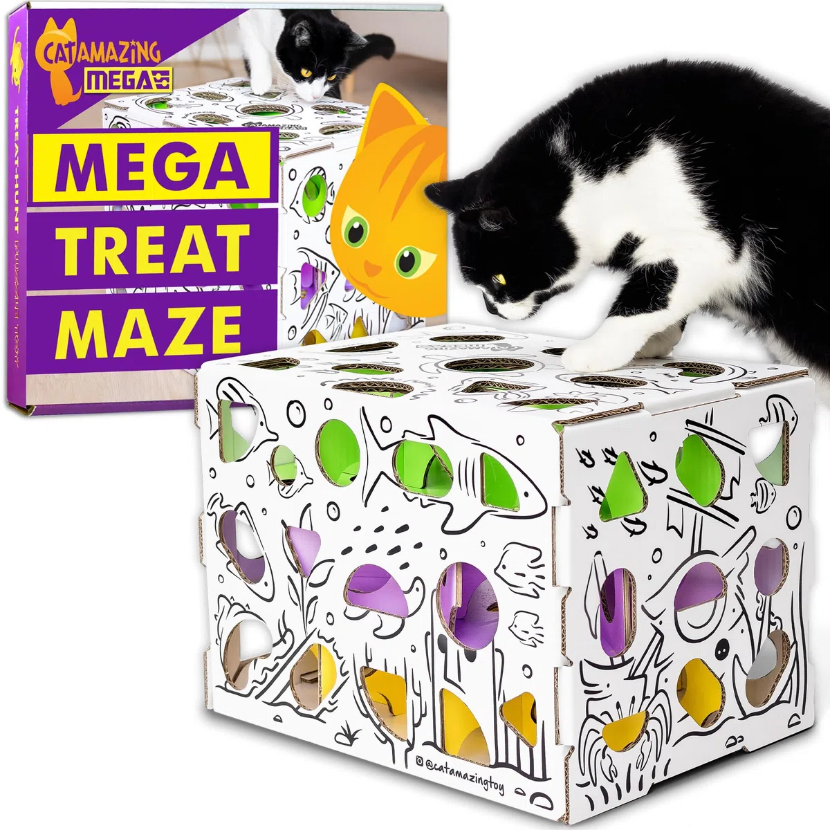 Cat Amazing Mega - Caja de Rompecabezas para Gatos - Laberinto Interactivo de golosinas - Comedero para Gatos - Caja de golosinas para Gatos de Interior - Juguete de enriquecimiento de Alimentos - El