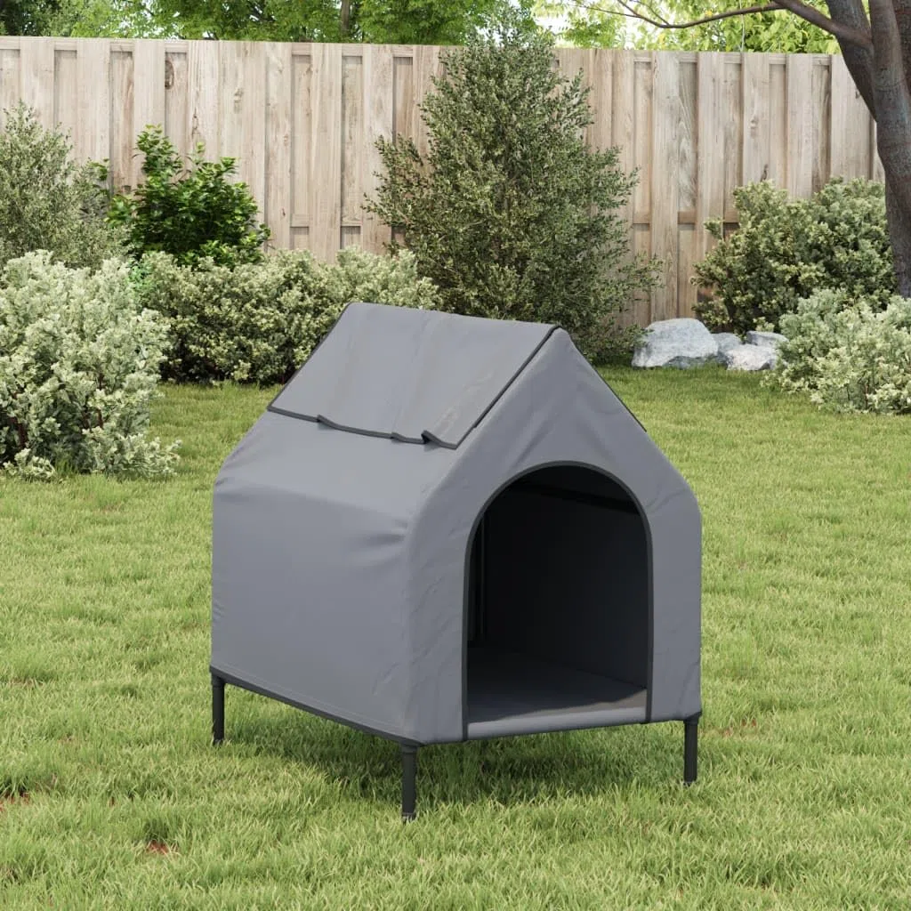 Caseta para perro gris claro de tela Oxford con estructura de acero con recubrimiento en polvo, diseño elevado con techo enrollable y ventana de textileno para ventilación, ligera caseta para mascotas