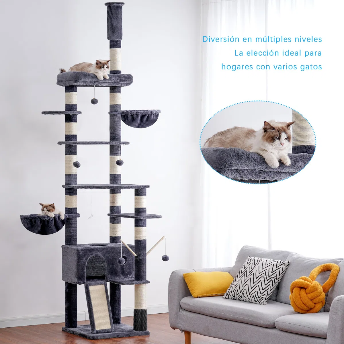 Hey-brother Rascador para Gatos XXL, Altura Ajustable, 250 cm - 280 cm, hasta el Techo, Torre para Gatos Grandes, con Cueva, Color Gris Ahumado 0MPJ091G