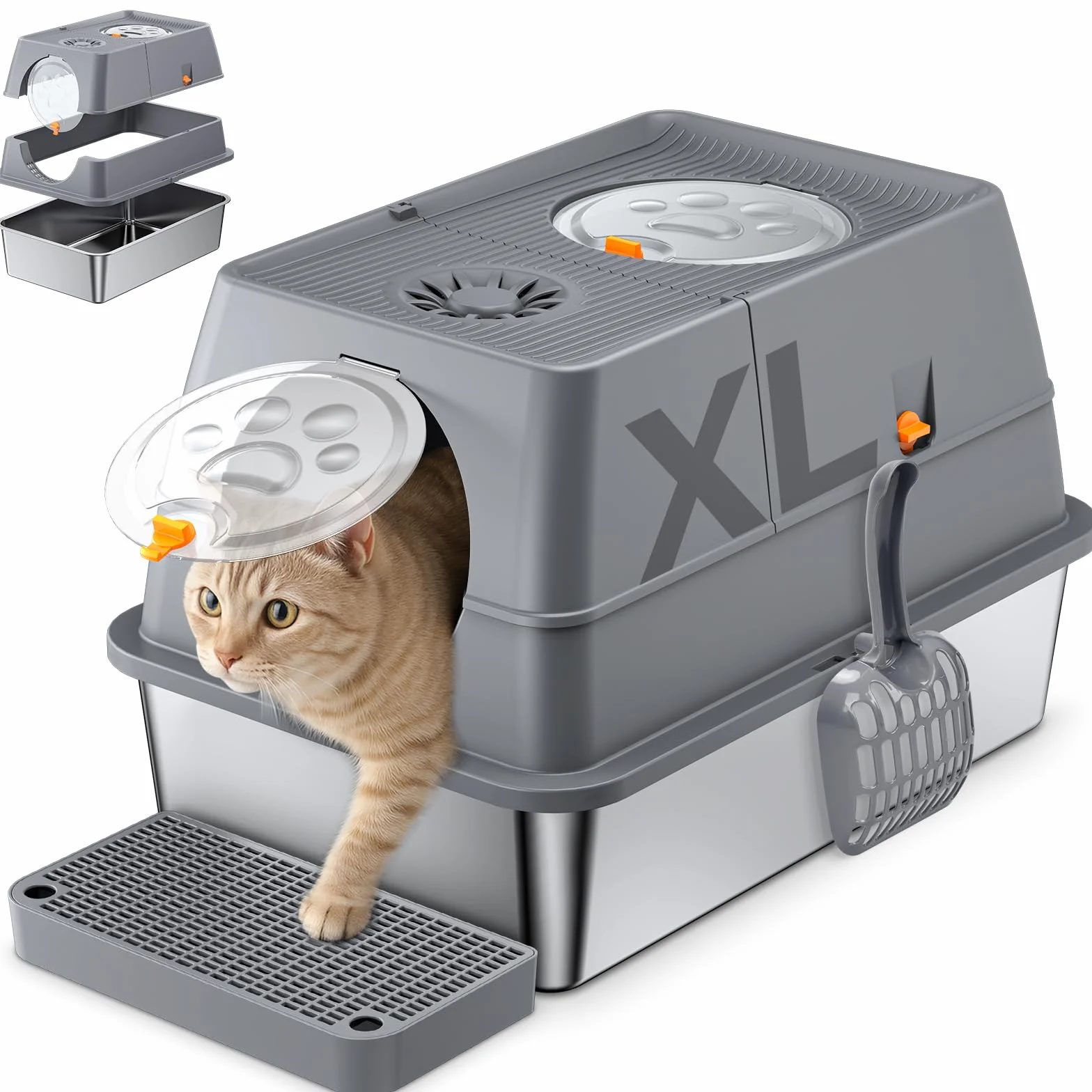 Caja de Arena Cerrada Extragrande,Arena para Gatos de Acero Inoxidable con Cubierto,Arenero Gato Grande,con Pala, Anti-Fugas, Sin Olor, Fácil de Limpiar, para Varios Gatos