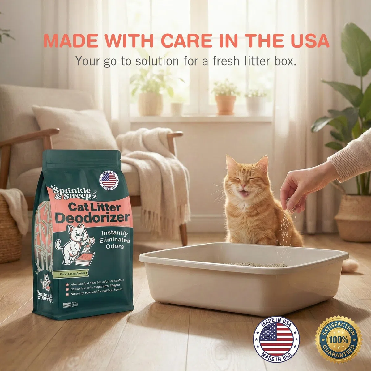 Sprinkle & Sweep Desodorante de caja de arena – Desodorante de arena para gatos no tóxico y seguro para gatitos – Desodorizador de arena elimina instantáneamente los olores sucios de arena y orina,