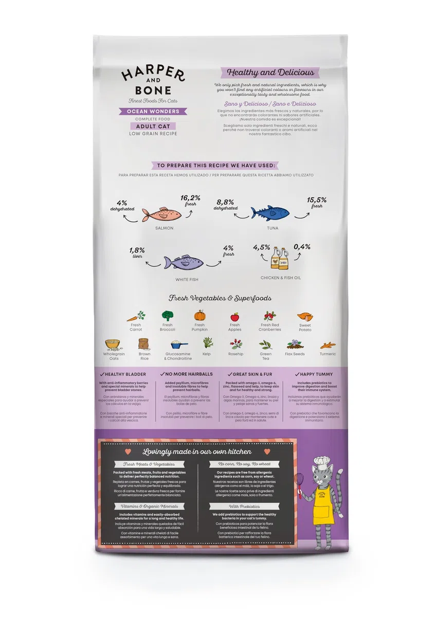 | Harper and Bone Adult Ocean Wonders Pienso para Gatos es una comida con atún, pescado y salmón.