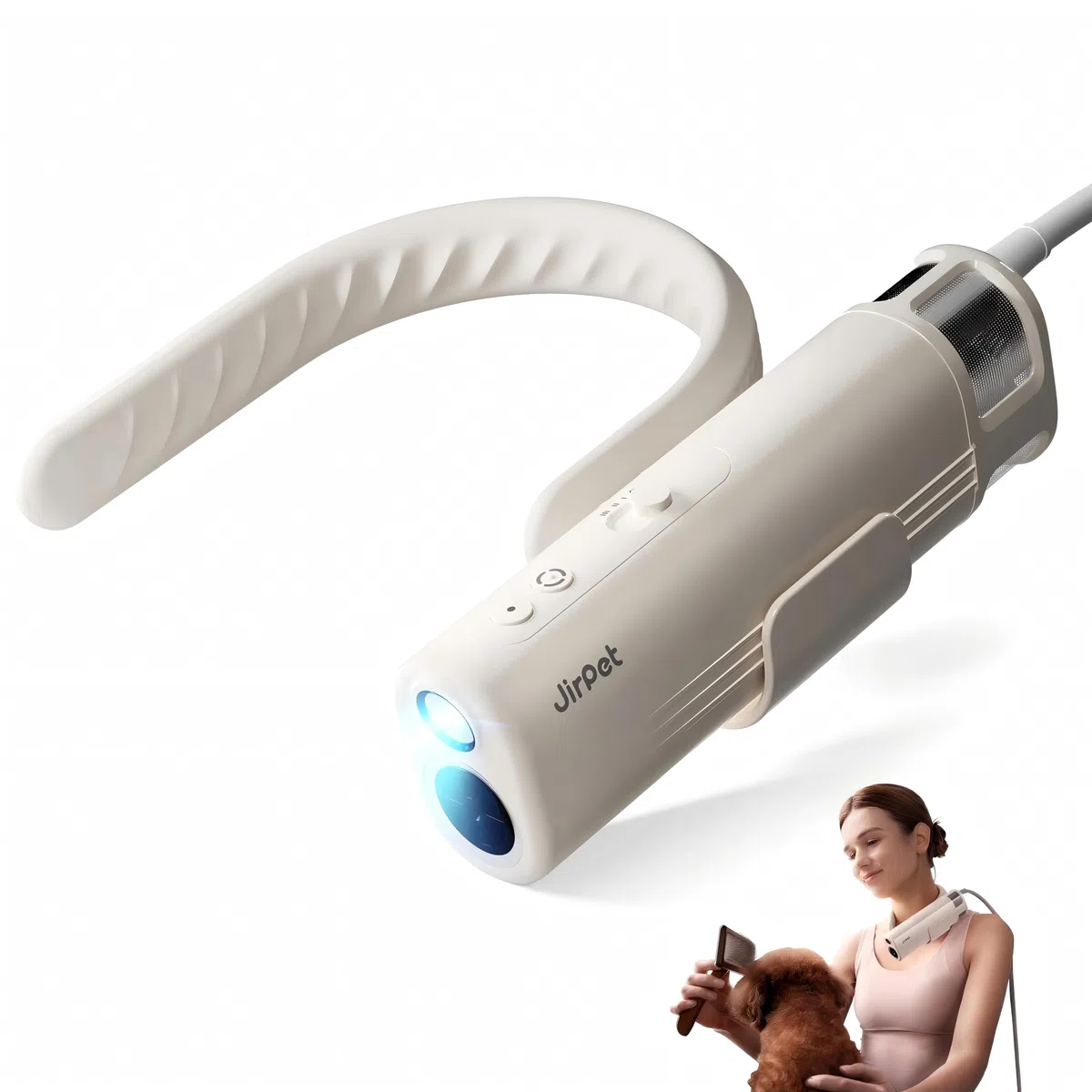 JirPet Secador para Perros con Soporte para Cuello, Secador Profesional de bajo Ruido, portátil con 75 m/s, Manos Libres con Soporte para Cuello, 3 velocidades y 4 temperaturas, para peluquería