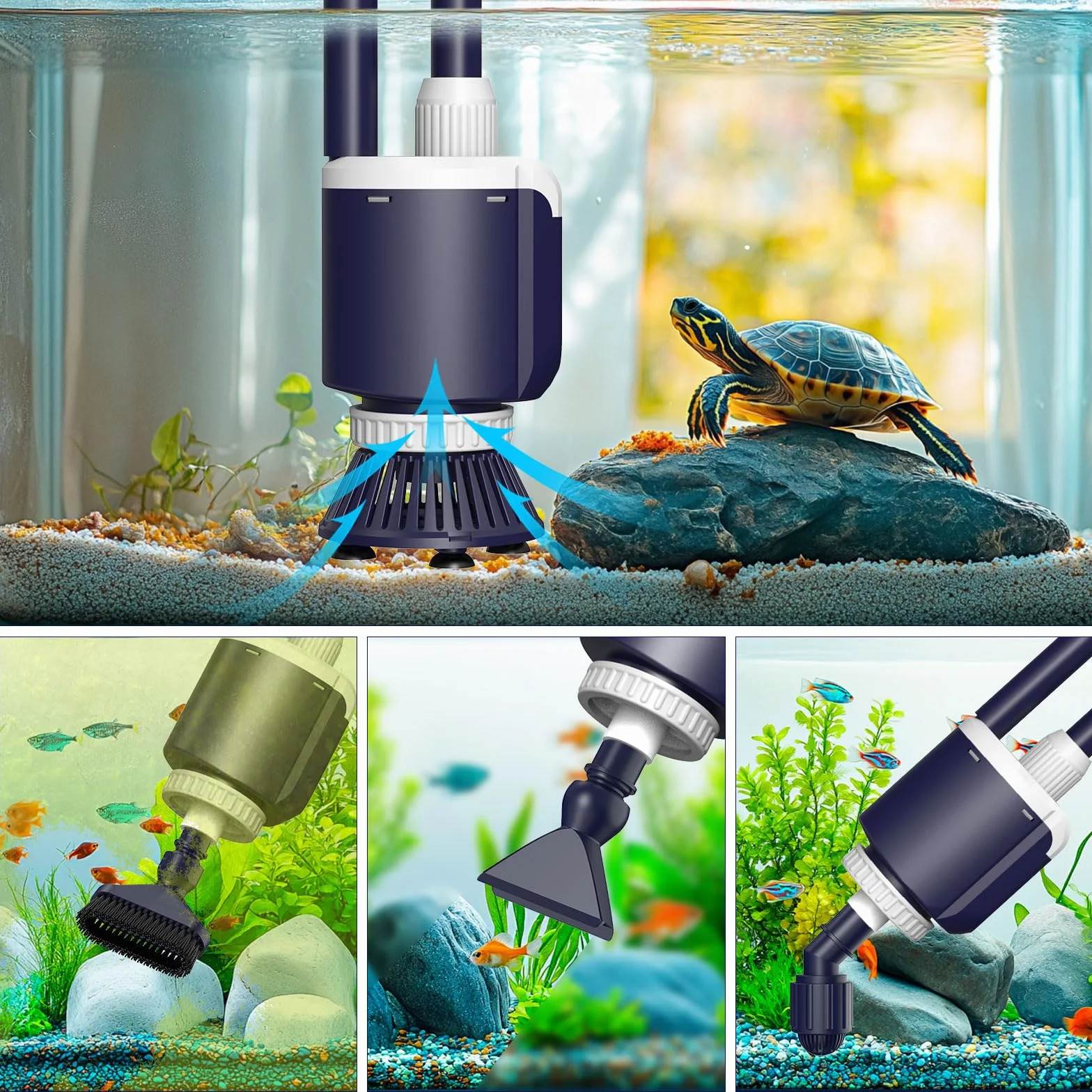 AQQA Tetina para Acuario, DC 2300L/h, Flujo de Agua Regulable para Acuario Eléctrico 32W con Triple Filtración para Cambio de Agua Limpieza de Arena