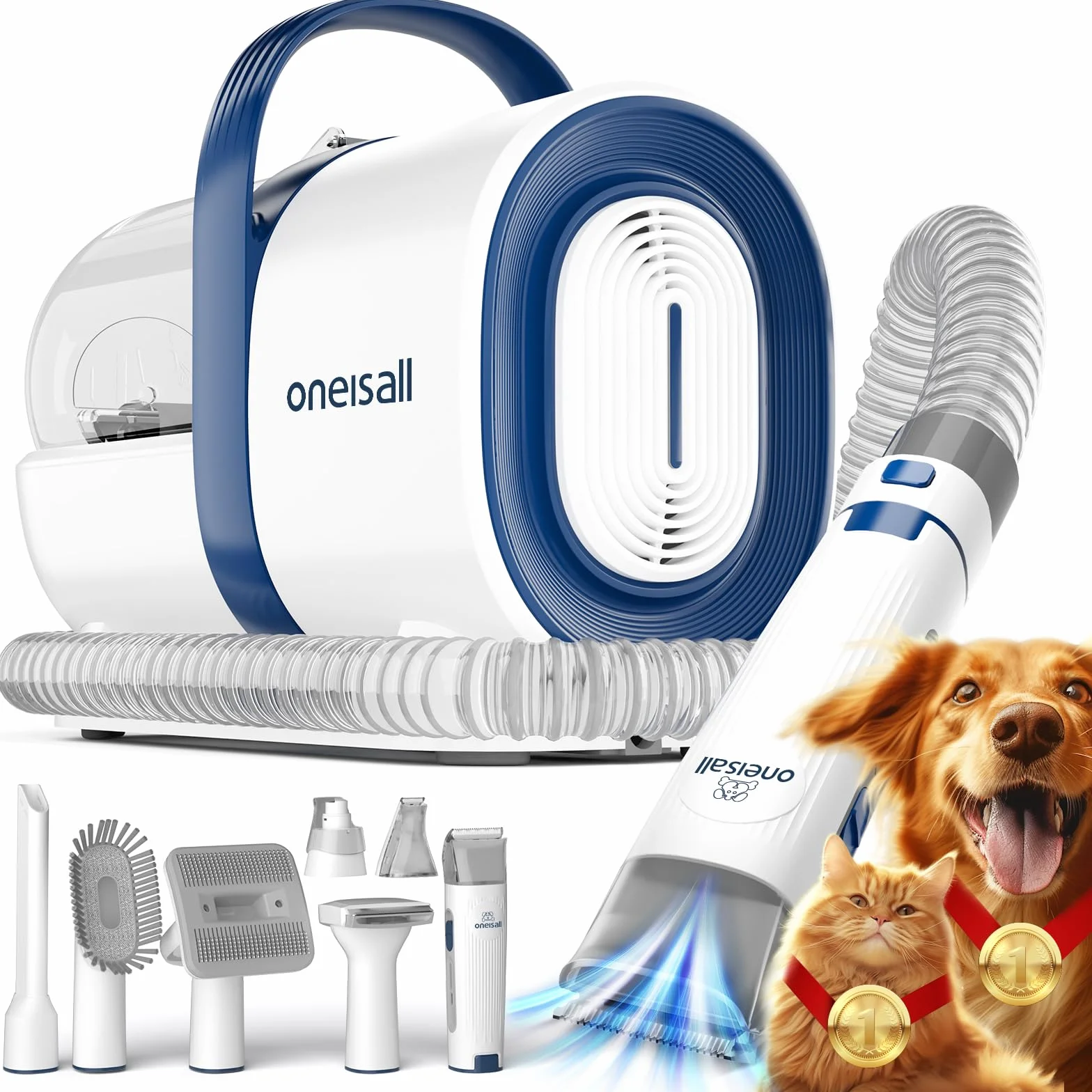 oneisall Máquina de afeitar silenciosa para perros con aspiradora, juego de cuidado profesional de mascotas 7 en 1, afeitadora silenciosa para perros y gatos, cepilladora profesional para perros y