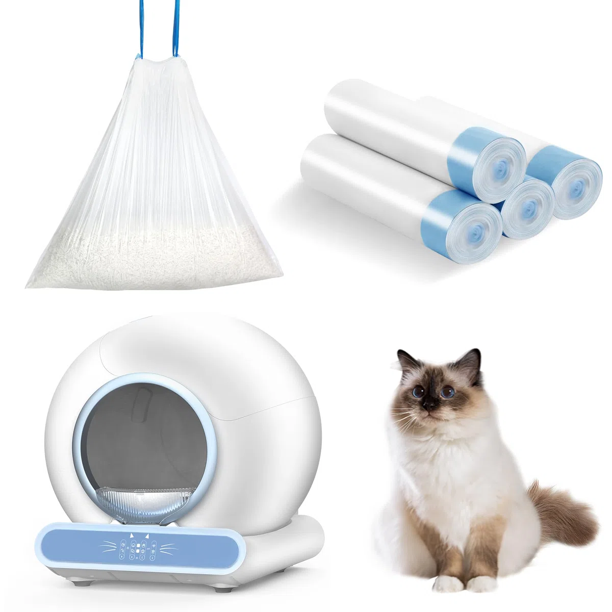 Bolsas de basura para gatos autolimpiables, paquete de 60 bolsas de basura con cordón para caja de arena automática para gatos, 18 x 18 pulgadas