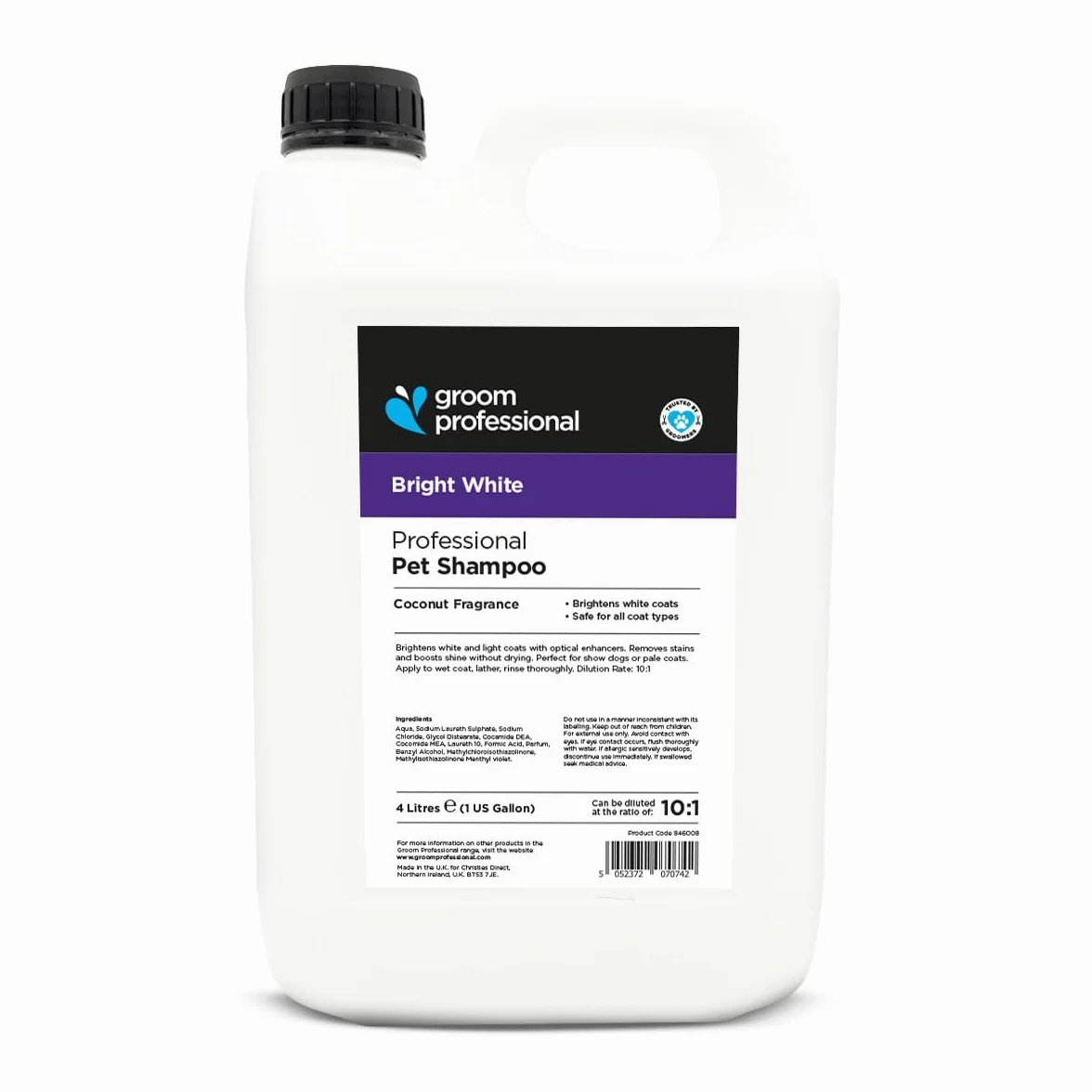 GROOM PROFESSIONAL Bright White - Champú blanqueador para perros, mejora los tonos blancos, fórmula de limpieza profunda para pelajes sucios, aceite de coco añadido para calmar la piel seca o con