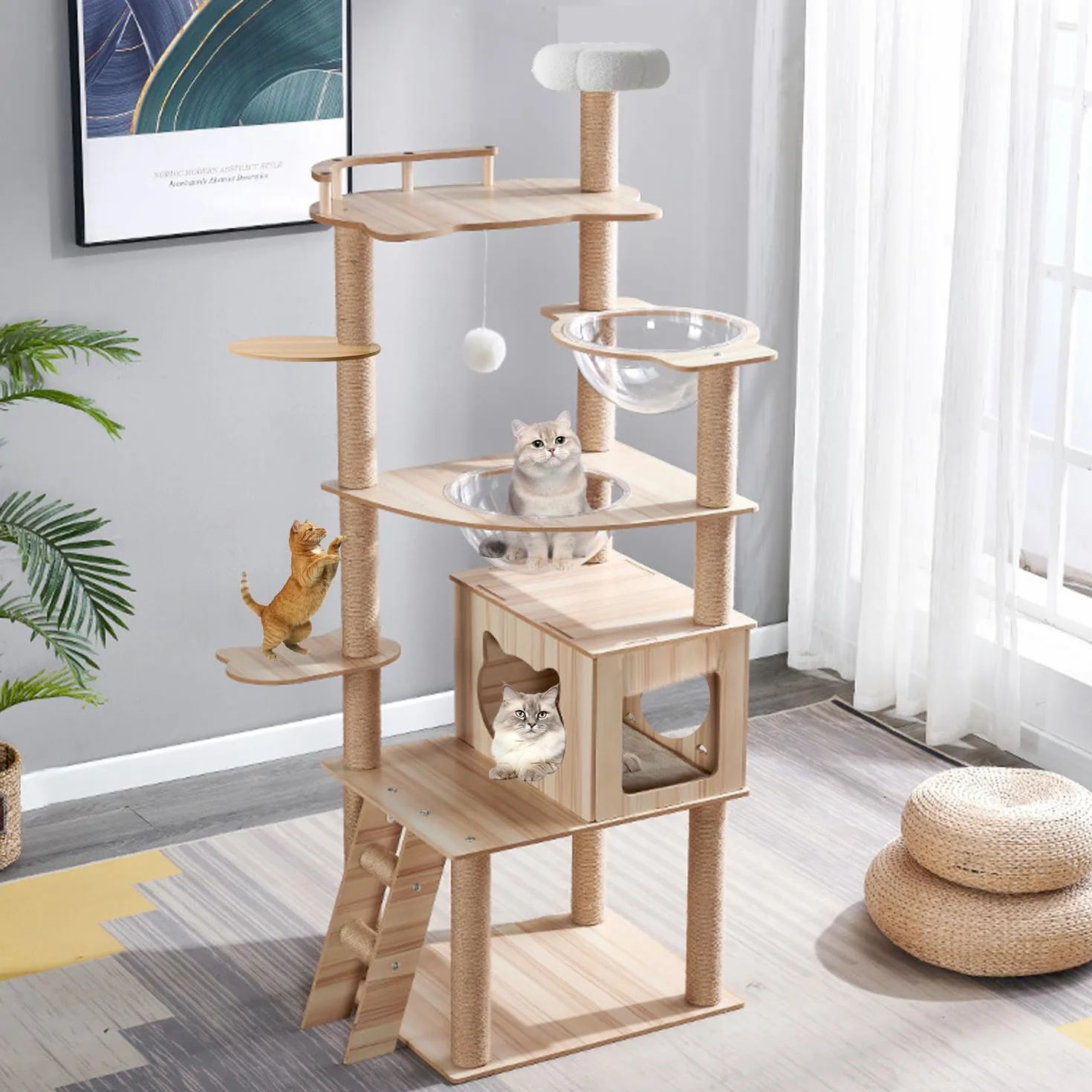 Árbol para Gatos de 170 cm para Adultos Grandes en Interiores, Torre de árbol para Gatos con condominio, escaleras, 2 Cuencos, 14 Postes rascadores de sisal, Percha Superior, con Cama de