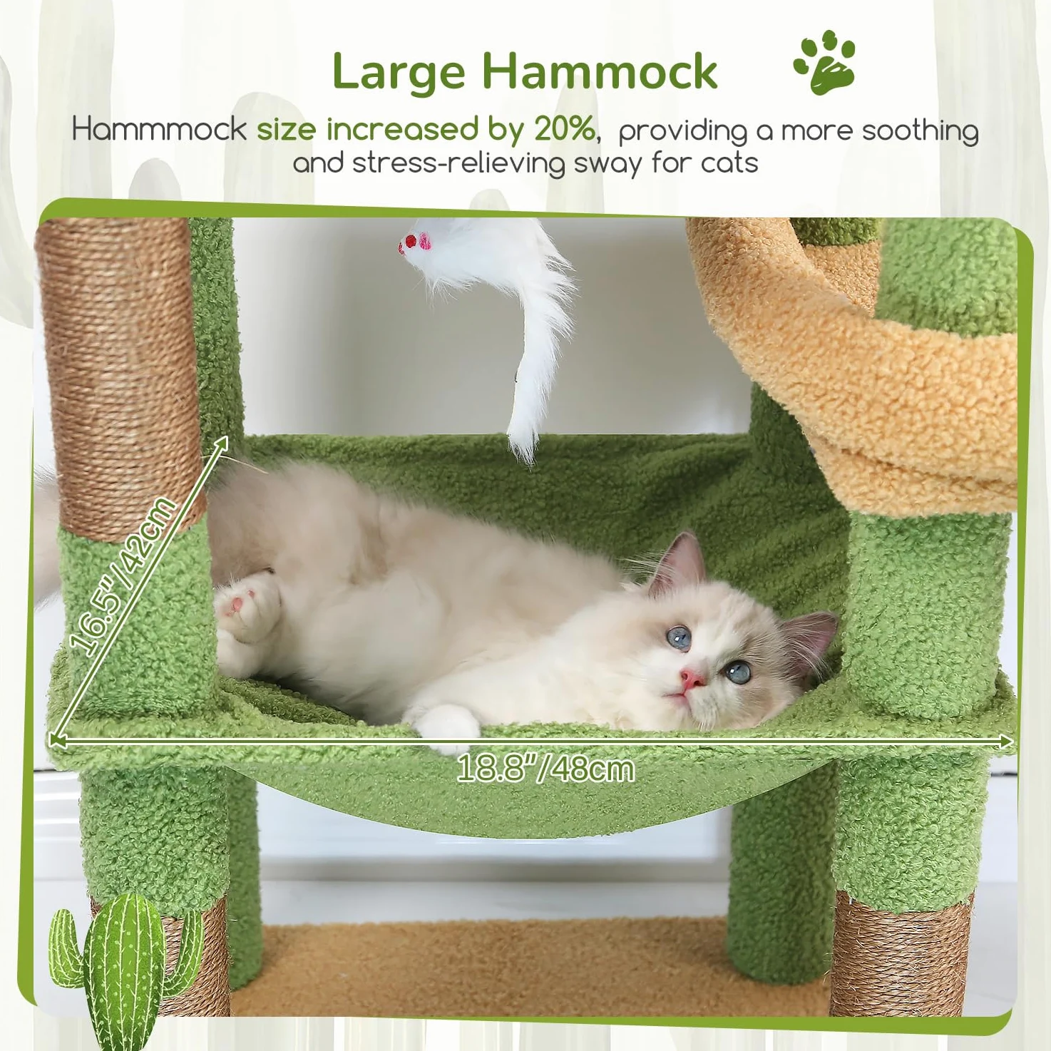 Globlazer Árbol Rascador Cactus Verde para Grande Gatos Alto 165cm con 2 Grande Plataforma 48 * 42CM, Extragrande Hamaca, Nido, Percha, Árbol Rascador con Apoyo Estable para Gatos Adulto (S65, Verde)