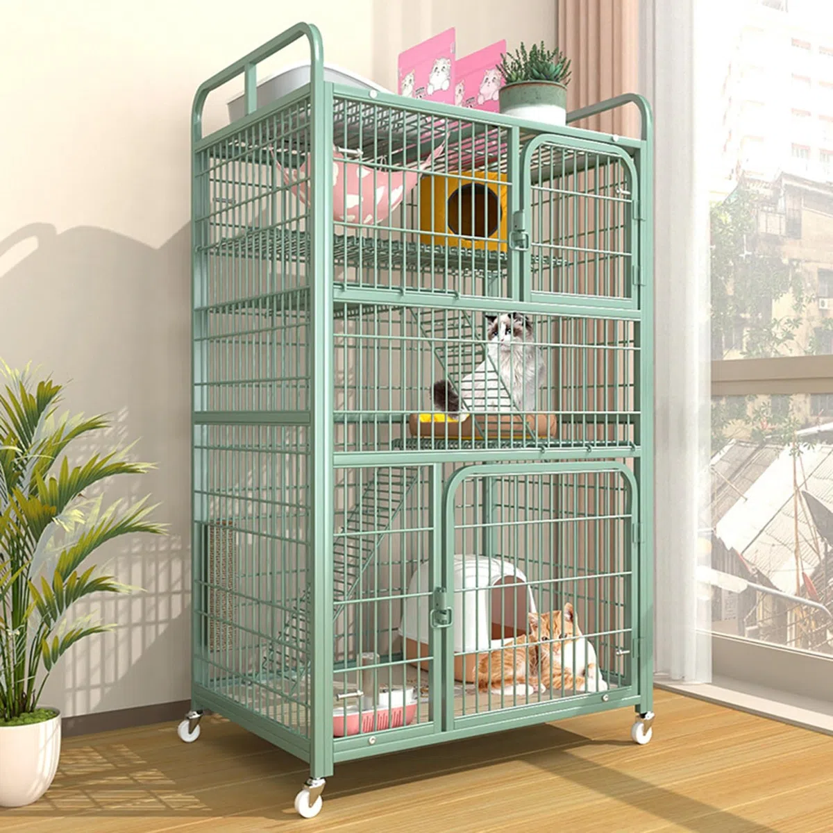 HARELA Jaula para Gatos, Parque de Metal para Gatos, Jaula para Gatos Grande Exterior/Interior, Perrera para 1-3 Gatos, Hurón, Conejo, Camping,Verde(70 * 55 * 112cm)