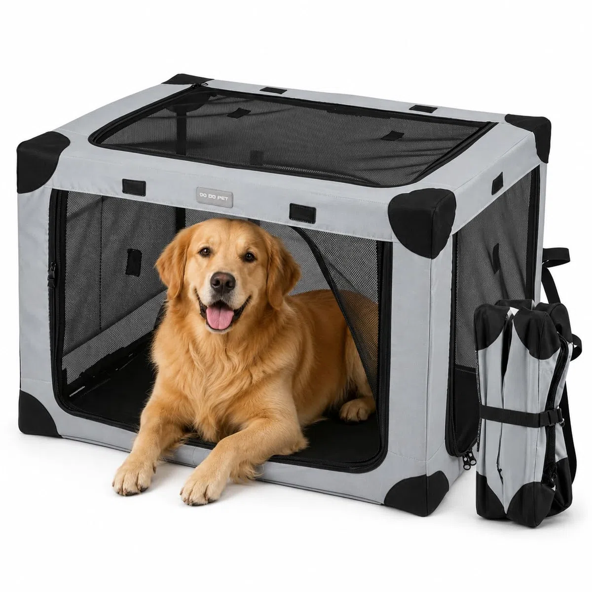 Transportín plegable ajustable para perros de razas medianas – Caja para perros con ventanas de malla reforzada y cama plegable para el hogar y viajes
