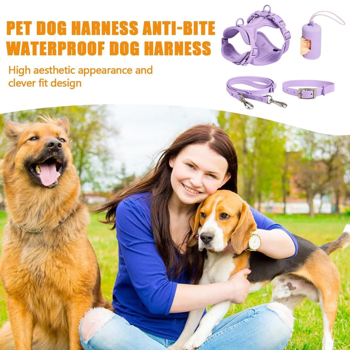 Juego de correas para perros | Juego de arnés para perros | Juego de correas para perros sin tirones con hebillas ajustables para cachorros con soporte para bolsas de excrementos