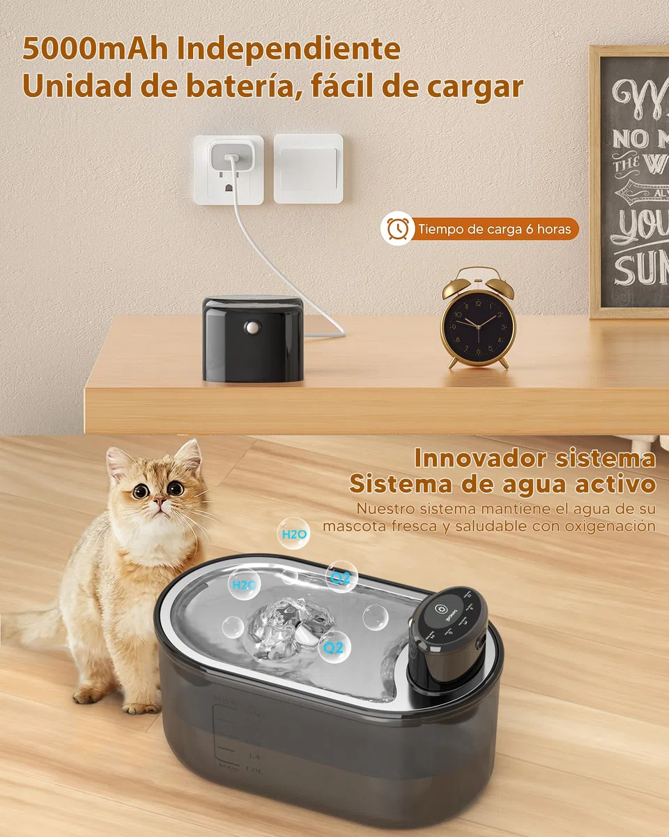 TOMXCUTE Fuente para Gatos 3L con Batería 5000mAh y Sensor | 3 modos: sensor, temporizador y continuo, con cuenco de acero inoxidable y salida automática de agua.
