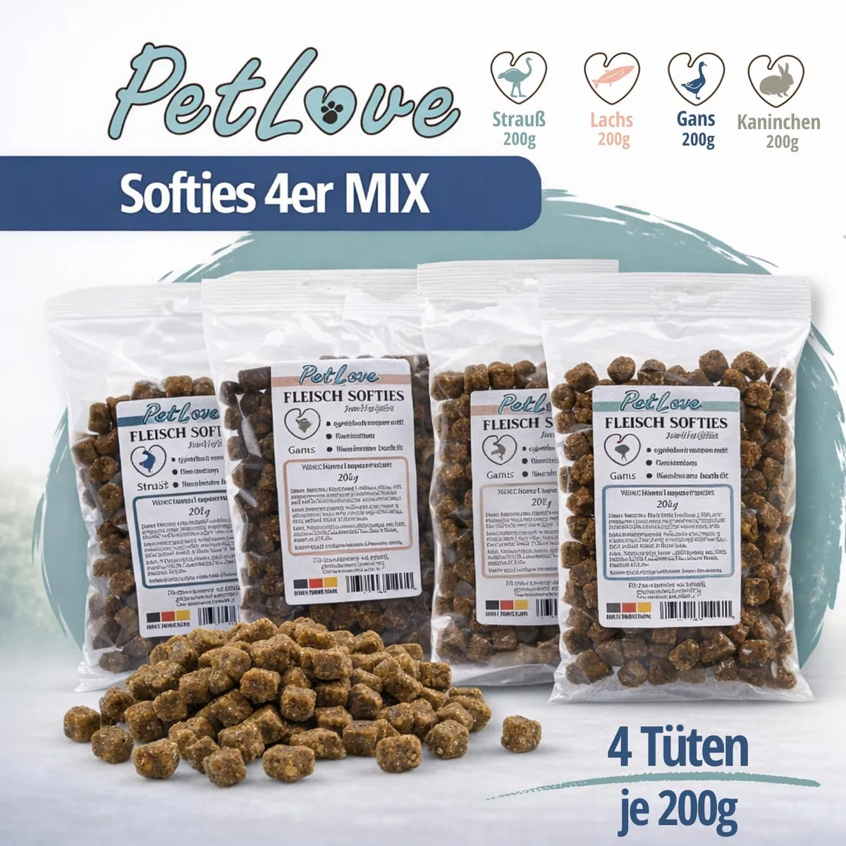 PetLove Softies de Carne para Perros • Premios para Perros sin Cereales • 63% Contenido de Carne • Premios caninos para Entrenamiento • Mix (Ganso, salmón, Conejo, Avestruz) 24x200g