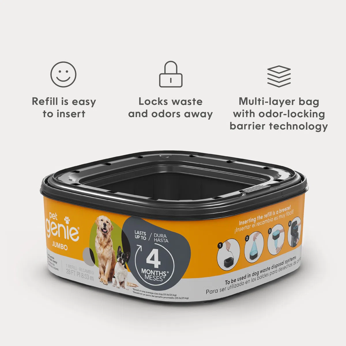 Pet Genie Paquete de 2 recambios jumbo, hasta 8 meses de suministro, bolsas para excrementos de perro con control de olores definitivo