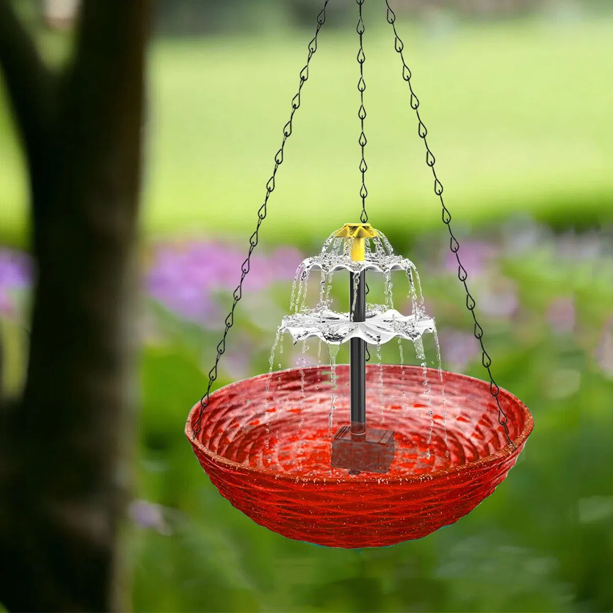 Fabater Burbujeador Solar para Baño de Pájaros, Comedero Colgante para Pájaros para Jardín Al Aire Libre, Material Plástico Duradero, Adecuado para Porche, Balcón, Atrae con Agua Corriente (Rojo)