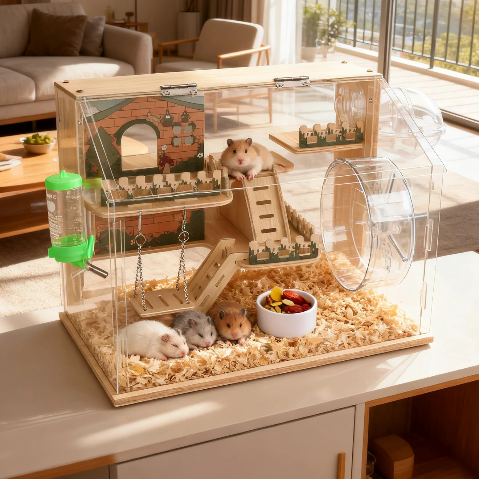 Jaula de Madera para Hámster, para Animales Pequeños Jerbos, Ratas | Hábitat para Hámster con Vista de 270°, con Paneles Acrílicos Fácilmente, Una Jaula Para Hámster Bien Ventilada