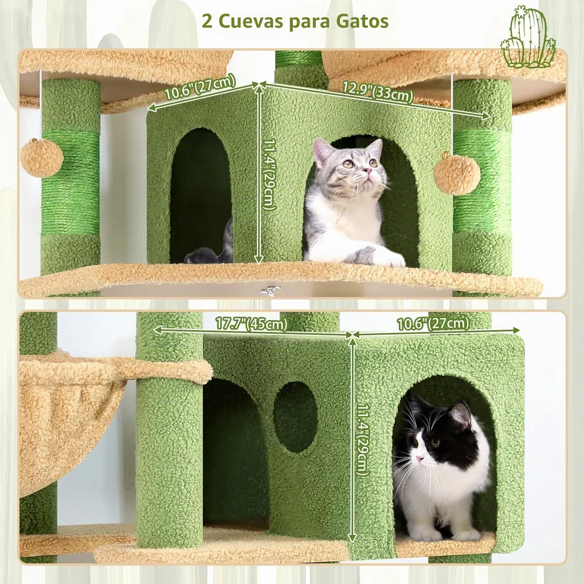 Globlazer Rascador para Gatos Verde Cactus XXL 209 cm con 3 Perchas Acolchadas, 2 Nidos, 2 Cesta, Grande Plataformas, Juguetes de Peluche, Lujo Árbol Rascador para 3-5 Gatos Interior (F82, Verde)