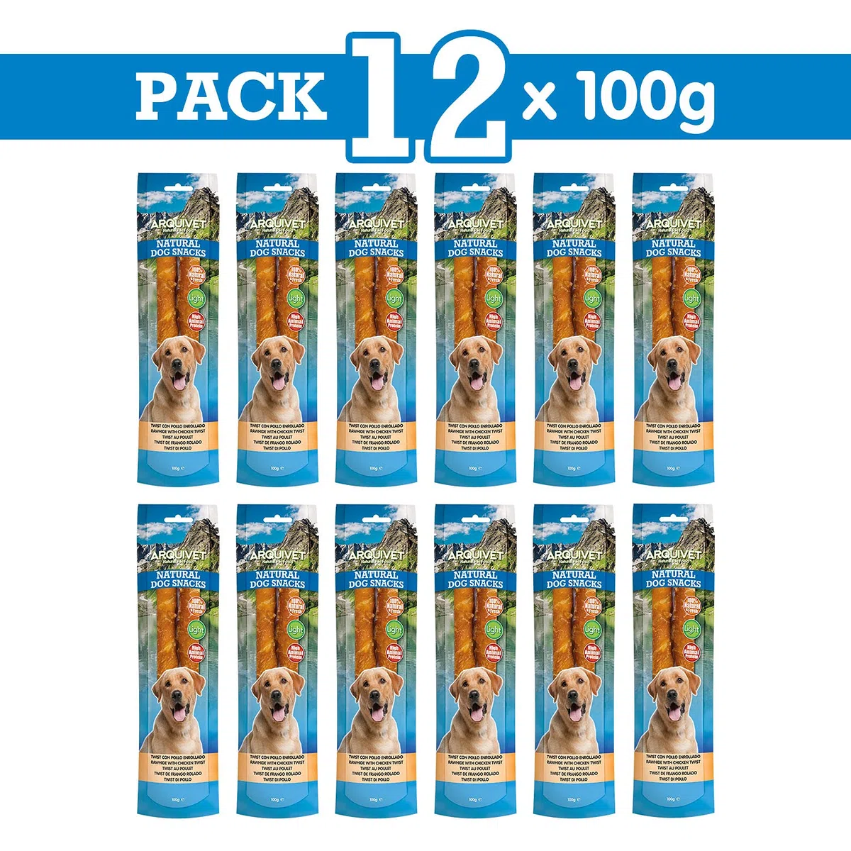 Arquivet Pack 12 Unidades Snacks Twist con Pollo Enrollado 24 cm 100 gr - Natural Dog Snacks - 100% Natural - Chuches, premios, golosinas para Perros - Producto Light - Muy Rico en nutrientes