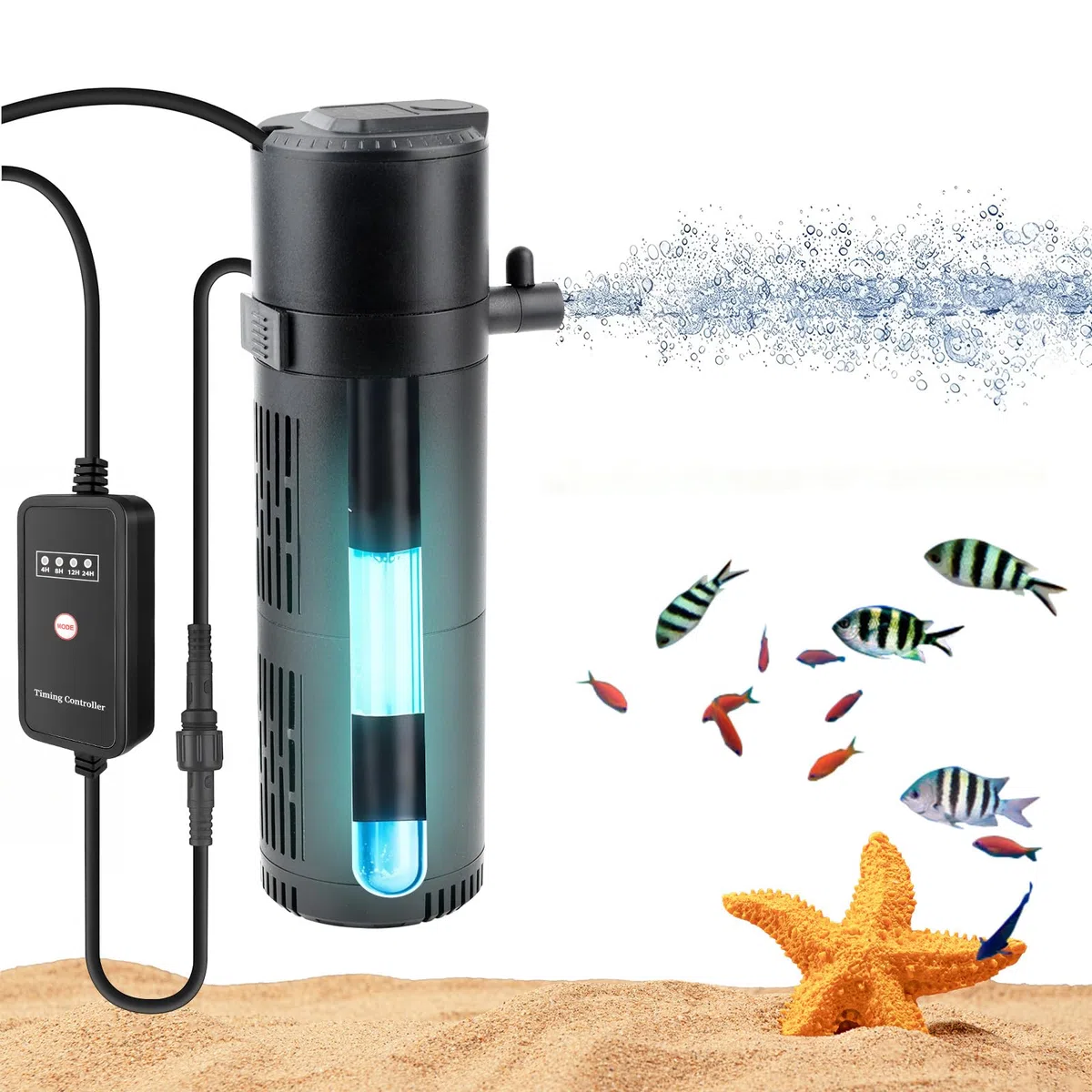 Filtro interno UV para peceras con luz UV, bomba de filtro de acuario 4 en 1, controlador de temporizador y ventana UV visible, sistema de filtración multimodo para agua dulce y salada, acuarios de 15