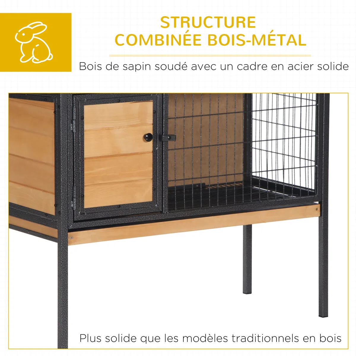 PawHut Jaula para Conejos de Madera sobre Pies, Conejera exterior para roedores, conejillos de Indias con Techo Trabajable - Dom. 91,5 x 45 x 70 cm