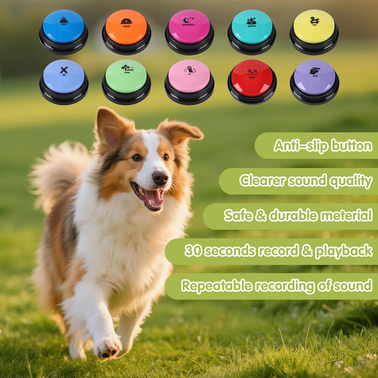 Botones para Comunicación Perro 10 Botones para Hablar Inicio 30S HD Botones de Entrenamiento con Alfombrilla Antideslizante Impermeable + 50 Pegatinas Escenales | Botón de entrenamiento para perros, alfombrilla impermeable + adhesivo de entrenamiento par