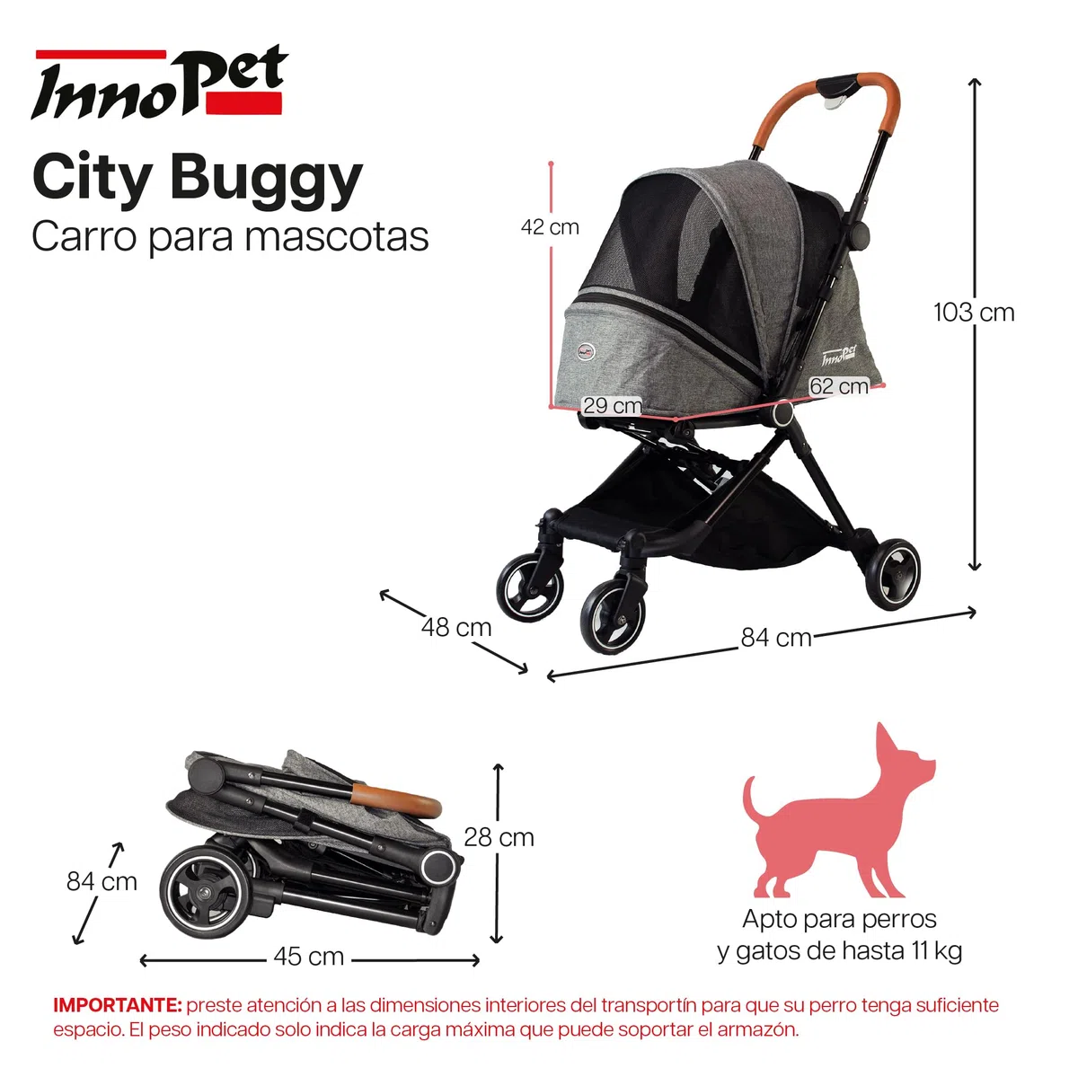 Innopet City carrito gris - Cochecito compacto para perros y gatos hasta 11kg, plegado con una mano, barra de cuero sintético y diseño ligero de 4 ruedas