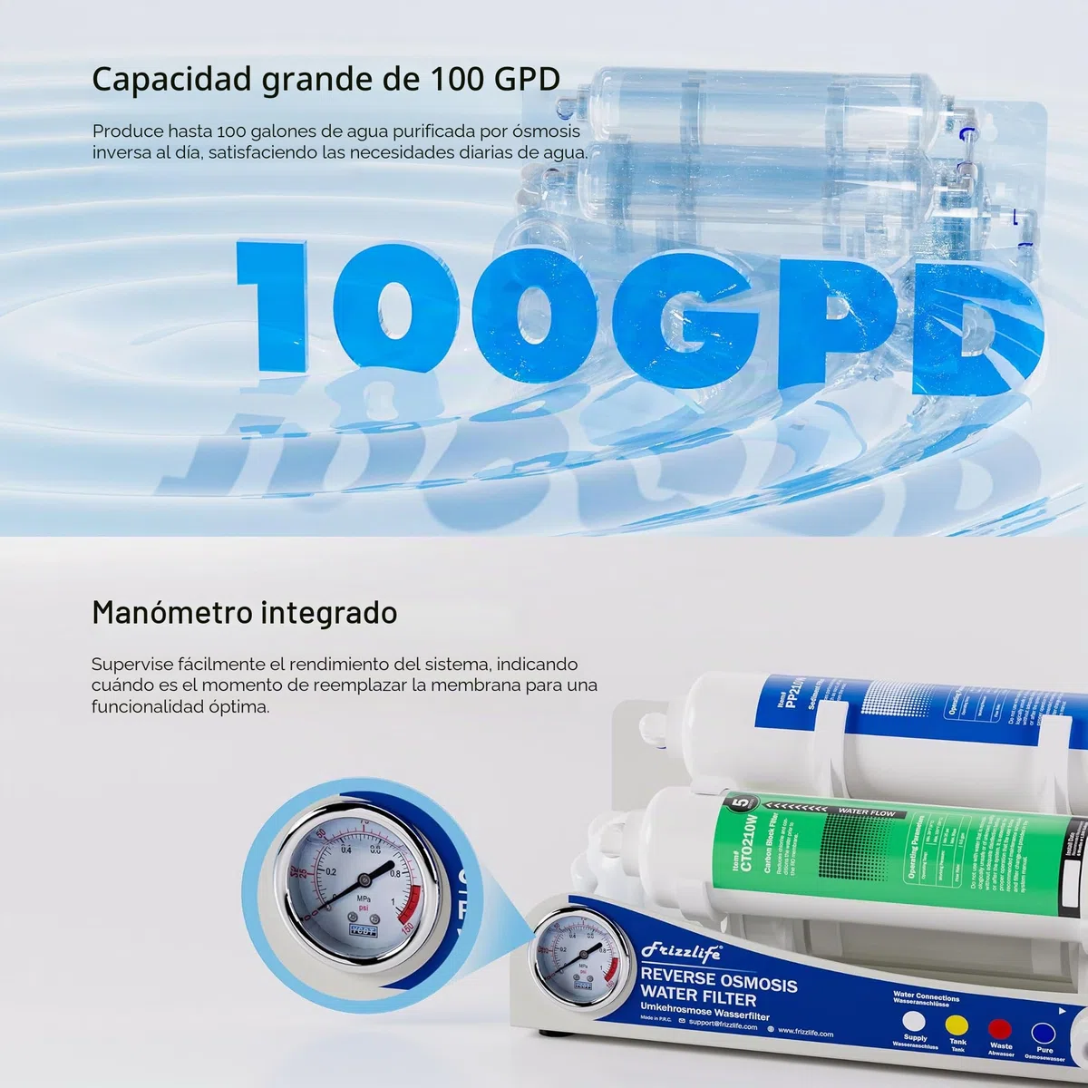 Frizzlife BFRO100 - Sistema de ósmosis inversa para acuario, 3 etapas, sistema de filtración de agua potable RO con manómetro, compacto, 100 GPD
