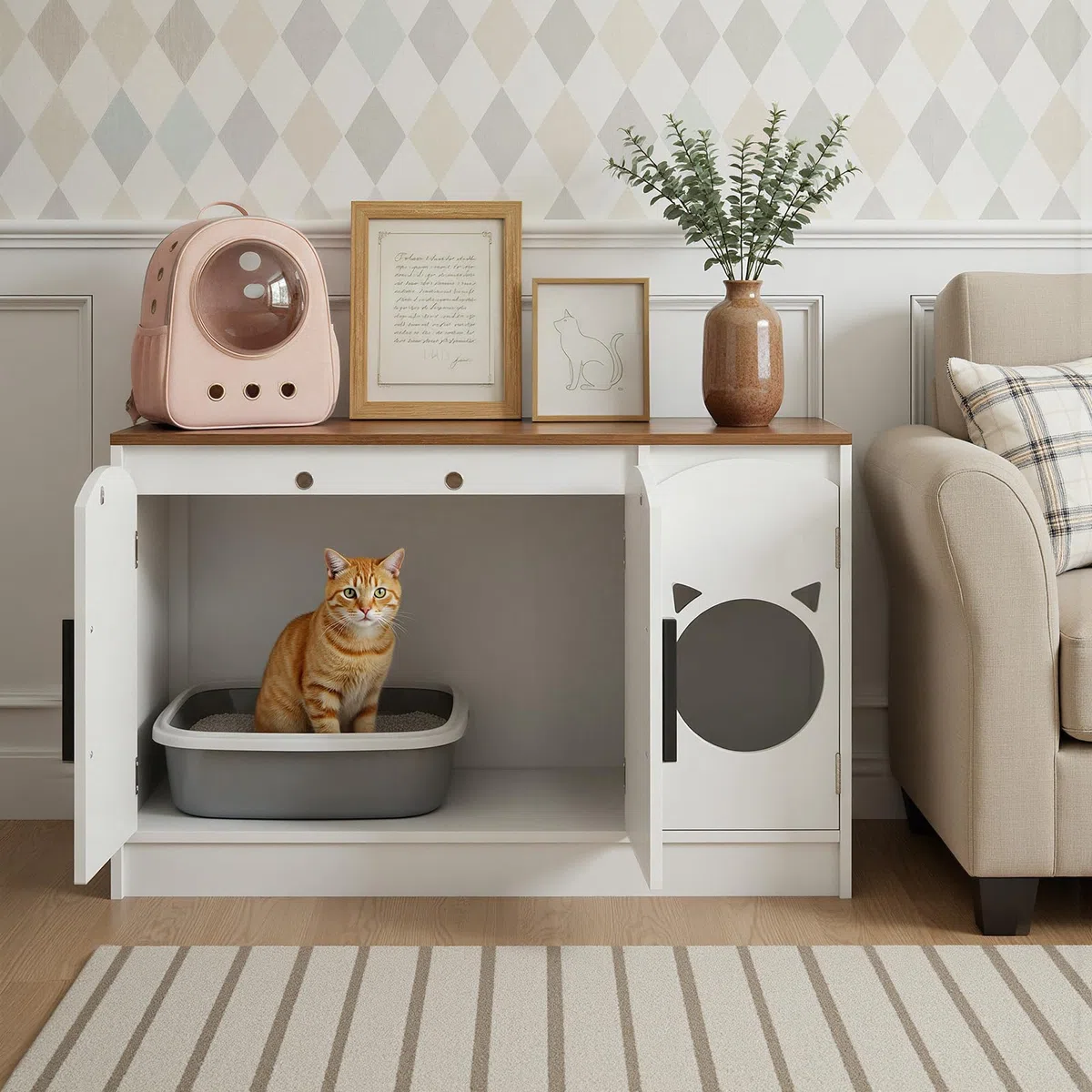 HOOBRO Mueble Arenero para Gatos, Caja de Arena Oculta, Armario Moderno de Madera de Ingeniería, Caseta Doble para Gatos con Diseño de Cabeza, Blanco y Nogal EWH51MW01