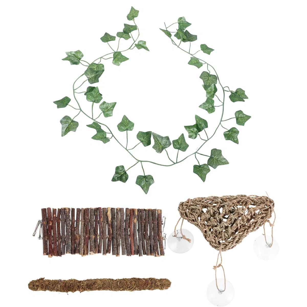 Puente de Madera para Lagartos 4 Piezas Hamaca Triangular, Enredaderas de Musgo y Decoración Herbal, Accesorio de Terrario para Reptiles, Escalera y Decoración para Tanque