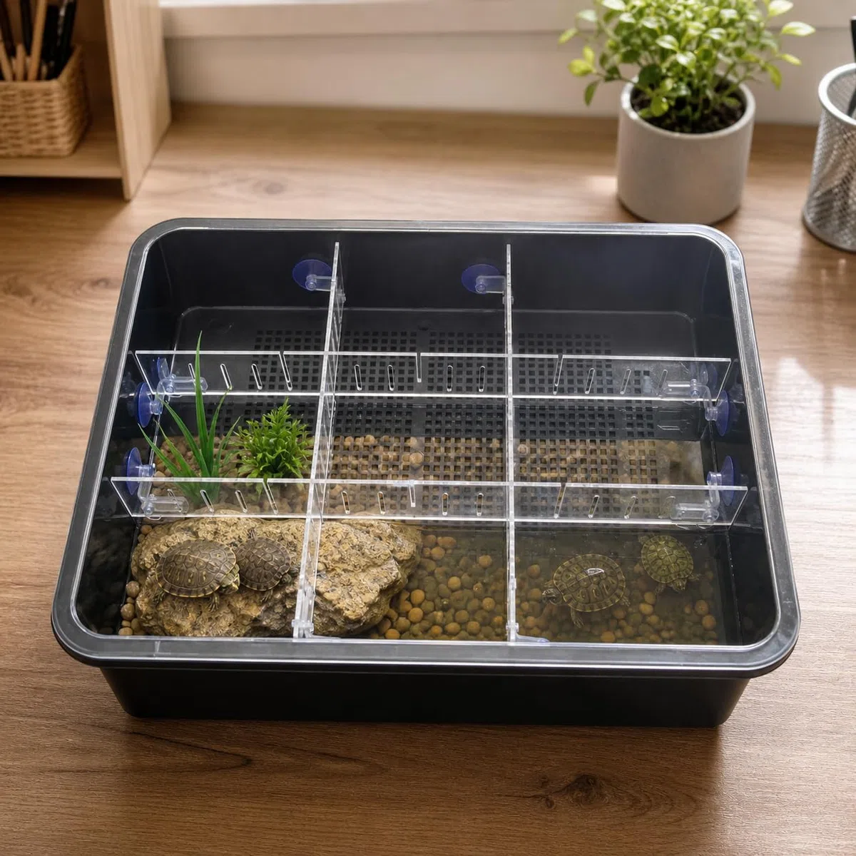 Tanque Reptiles Plástico Cría Tortugas, Bandeja Blanca Doble + 9 Rejillas