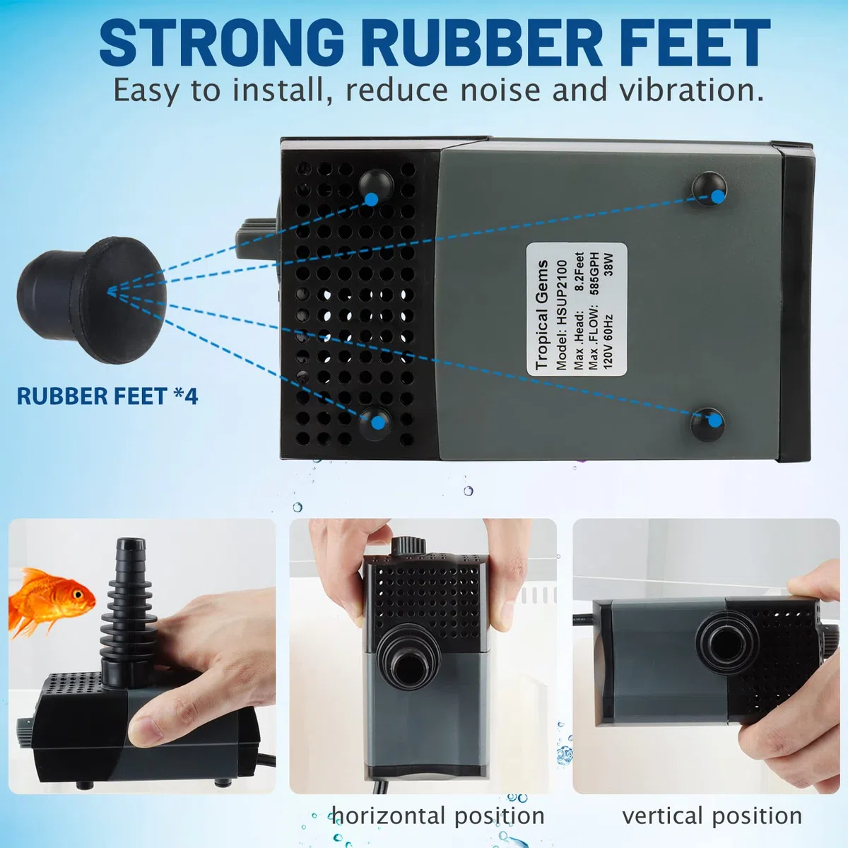 WaterRebirth HSUP-2100F - Bomba de agua sumergible con chorros de fuente - Bomba de estanque - Bomba de acuario - Bomba de fuente de plástico negro - 555 GPH, 780 L/H, 110 V, electrónica, exterior