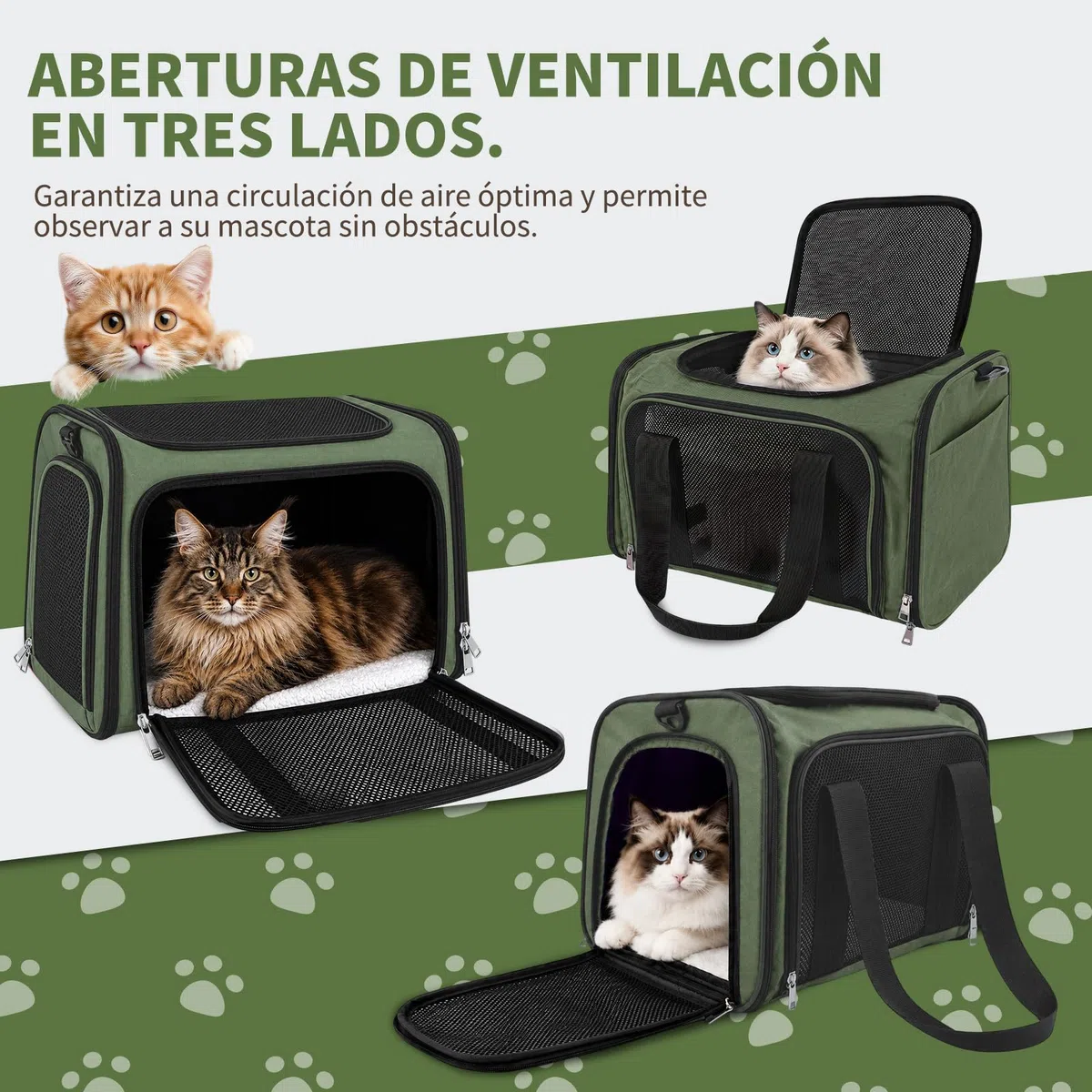 Transportin para Gatos, Transportin para Perros Bolsa, Bolsa Transpirable para Mascotas, Correa Ajustable, Colchon Suave, Soporta 8 kg, para Gatos y Cachorros (Verde, L 43 x A 28 x H 28 cm)