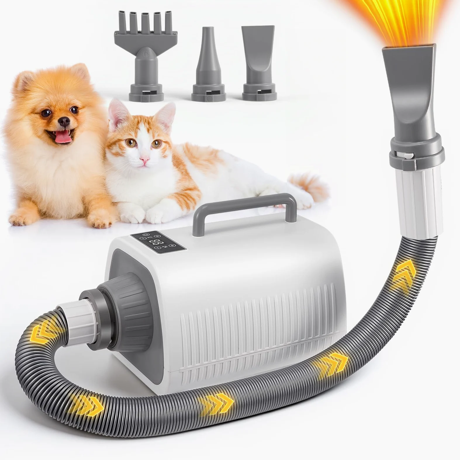 Secador Perro, Potente Secador para Perros con Velocidad y Temperatura Ajustables, 3 Boquillas, Manguera Flexible, Pantalla LCD, Secador Pelo para Perros y Gatos de Todos los Tamaños.