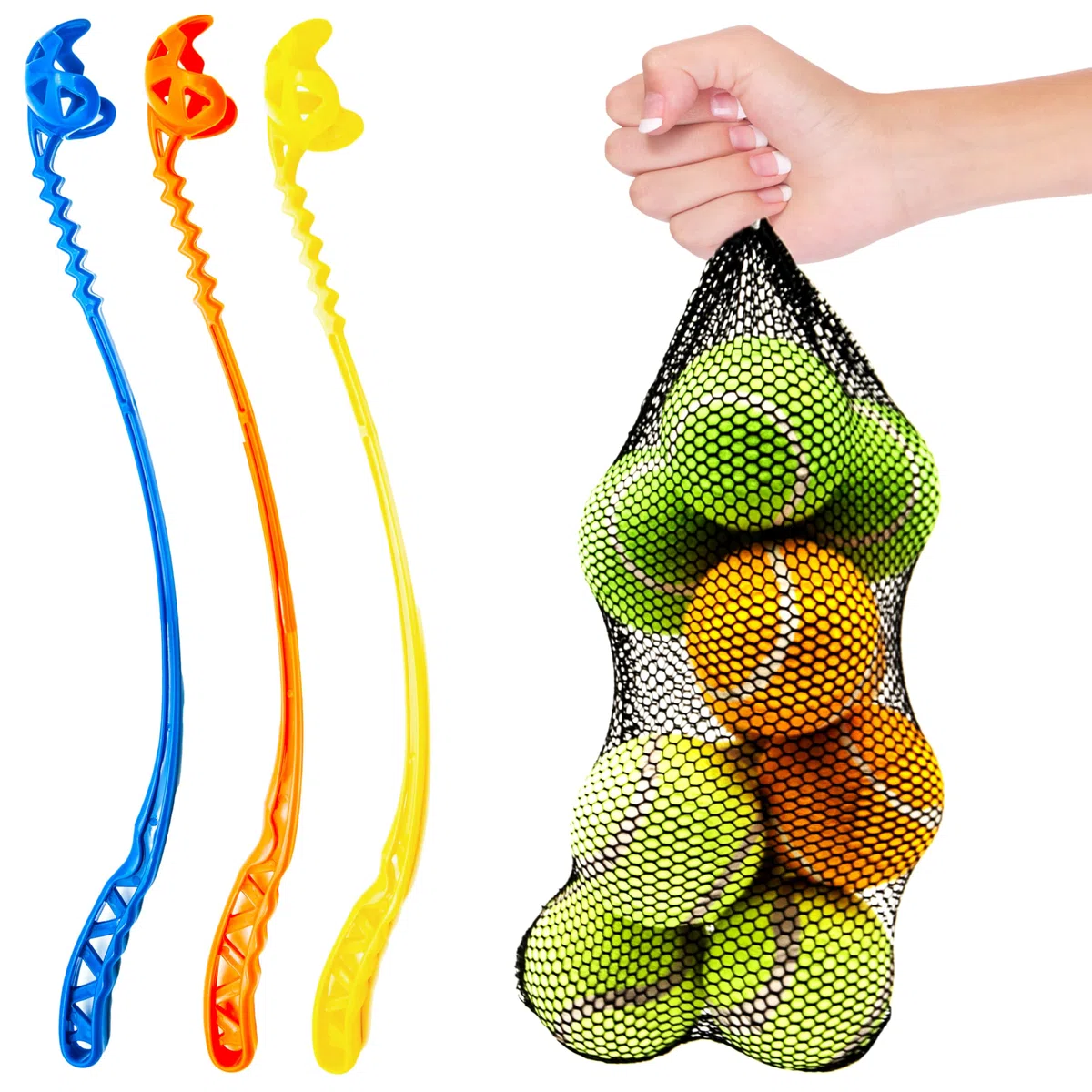 1 lanzador de pelotas de perro duradero y largo de 60 cm, 1 pelota de tenis para perros, fluorescente, neón, cabeza en zigzag, juguete lanzador, recogida manos libres, uso al aire libre