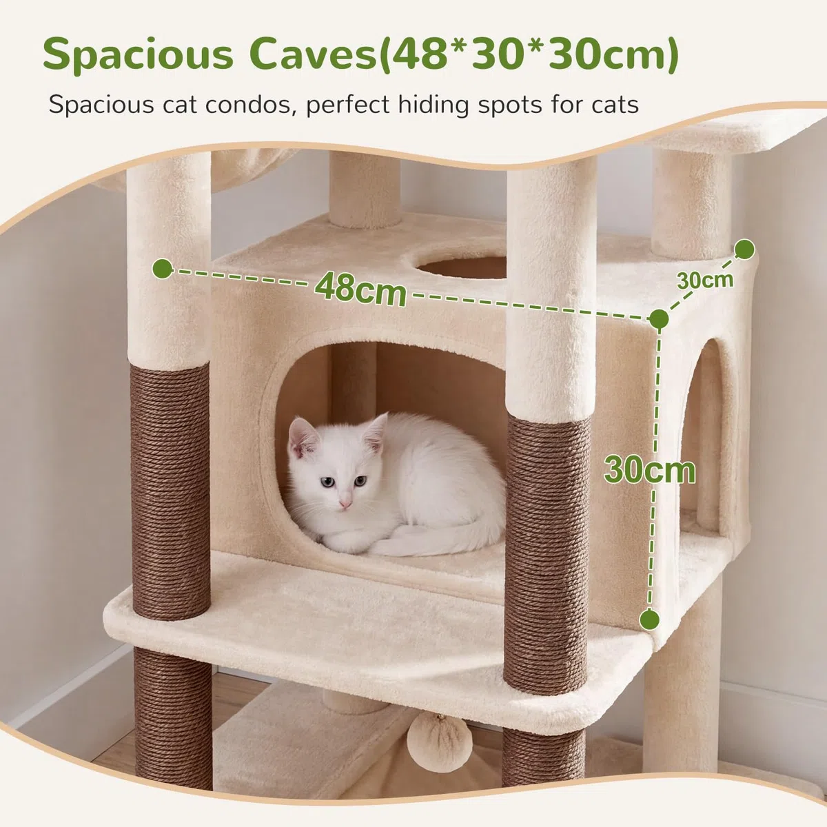 Globlazer Árbol Rascador Beige Estable con Inmenso Acolchada Plataforma 48*48CM, Grande Nido, Hamaca, Pendiente de Sisal, Cesta, Árbol Rascador 143 cm para Múltiple Gatos Adulto Interior (S56, Beige)