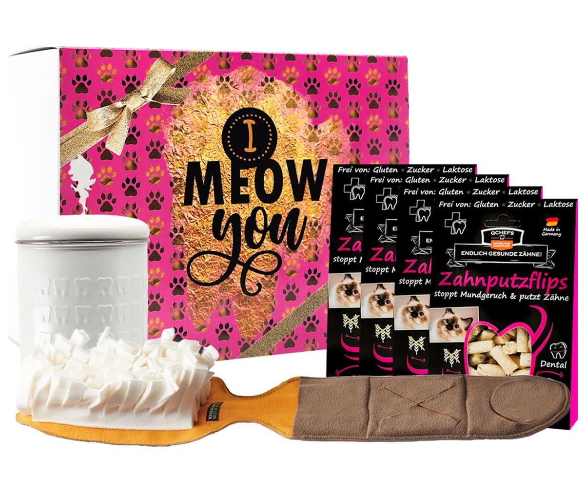 Qchefs Caja de la suerte con cepillo de dientes para gatos regalo para Navidad con naturaleza para cuidado dental también contra sarro e inflamaciones