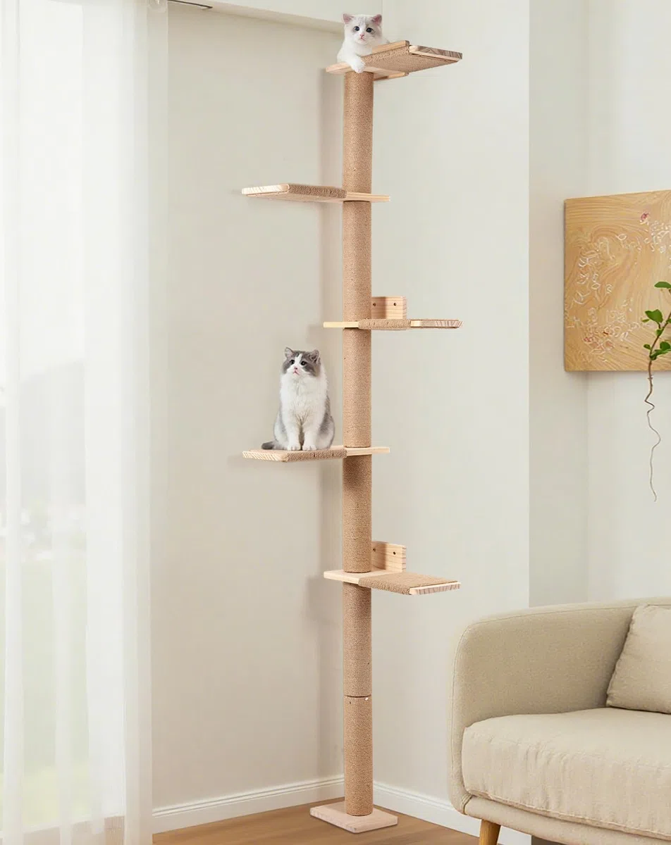 PawGiant Rascador de Pared para Gatos de 5 Niveles (213 cm), Árbol Torre de Escalada de Madera con Postes de Sisal y Plataformas, Mueble Vertical Ahorro de Espacio para Gatos Pequeños y Medianos