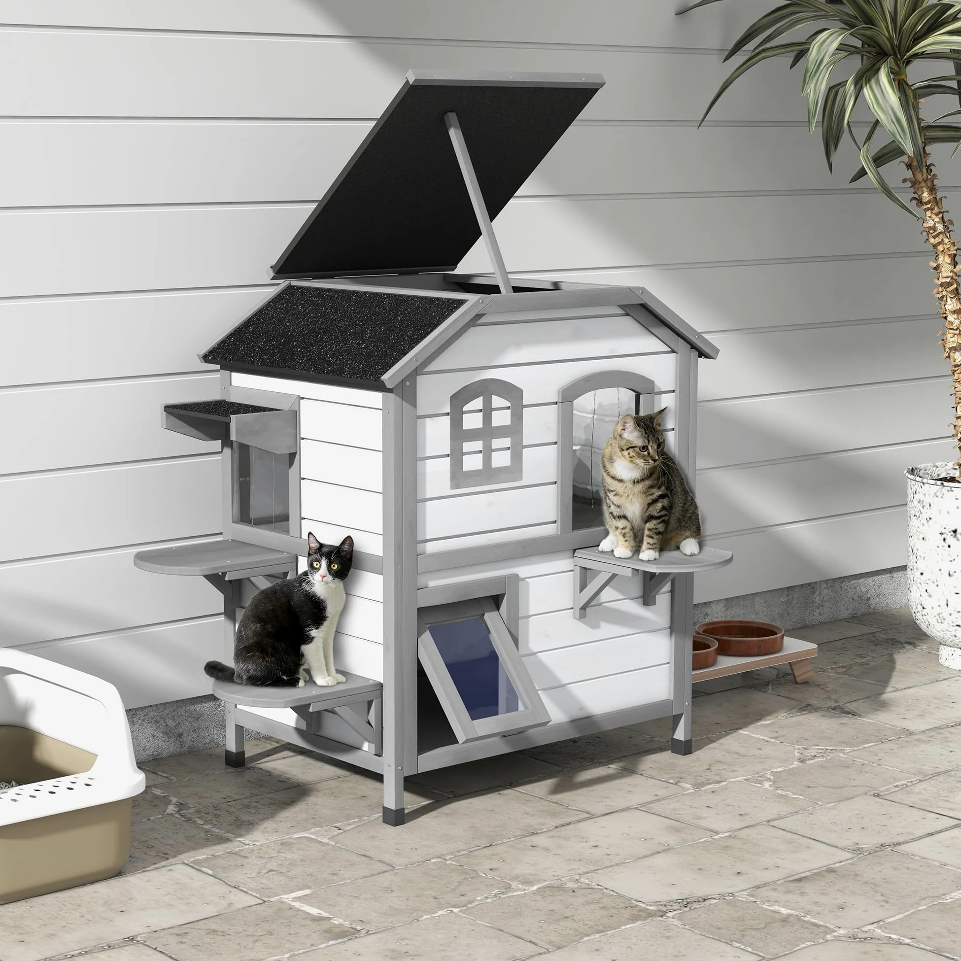 PawHut Casa para gatos de madera de 2 niveles, resistente al invierno, impermeable, con techo de asfalto, tapa plegable, escalera, cueva para gatos, exterior, jardín, balcón, 78 x 55,5 x 91 cm, color | Impermeable, caseta para gatos con techo de asfalto,